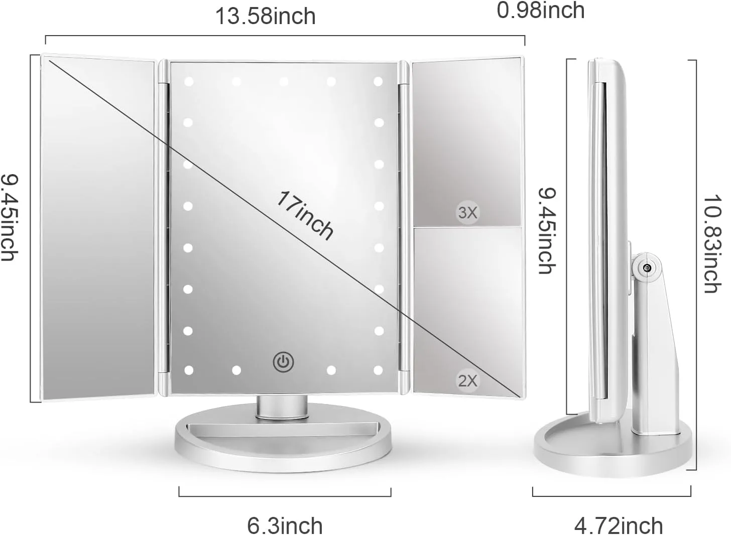 deweisn Dresser Mount Tri-Fold Lighted Vanity Mirror with 21 LED Lights, Touch Screen and 3X/2X/1X Magnification, Two Power Supply Modes Make Up Mirror,Travel Mirror