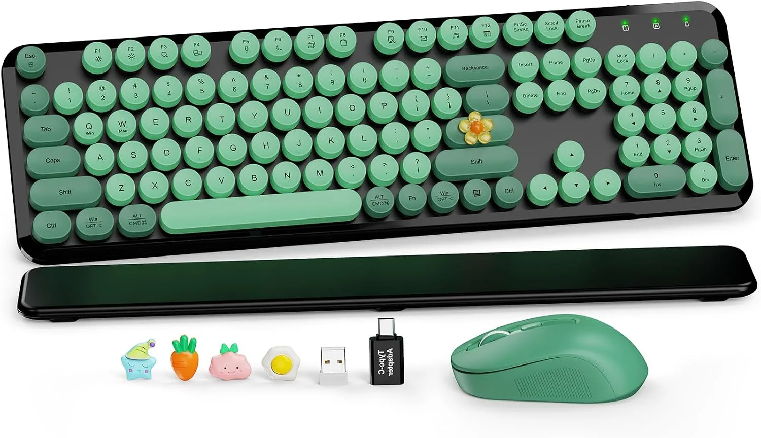 Wireless Keyboard and Mouse, Round Keycap, Magnetic Wrist Rest, Green Black