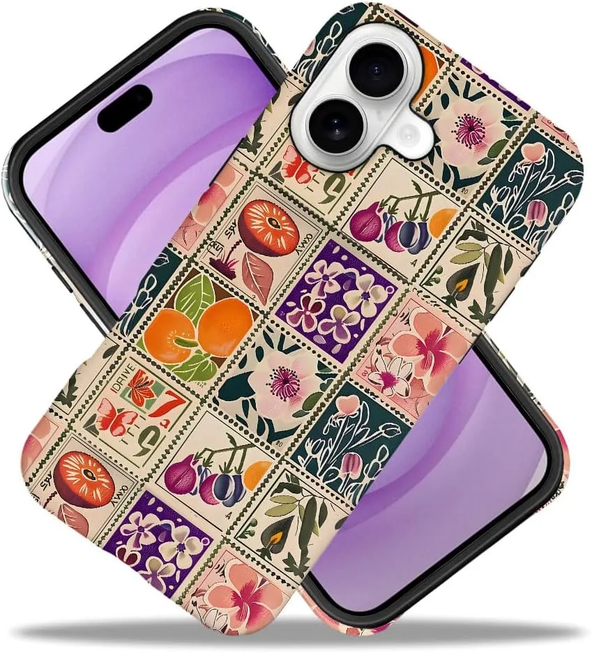Case Compatible with iPhone 17,Fall Prevention Hybrid 2-Layer Hard Shell Phone Cover for Girls Boys,Vintage Flower Orange Stamp Collage