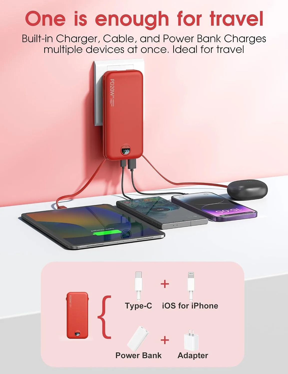 citicr Portable Charger 10000mAh PD20W w/Built-in Cables & Wall Plug Red