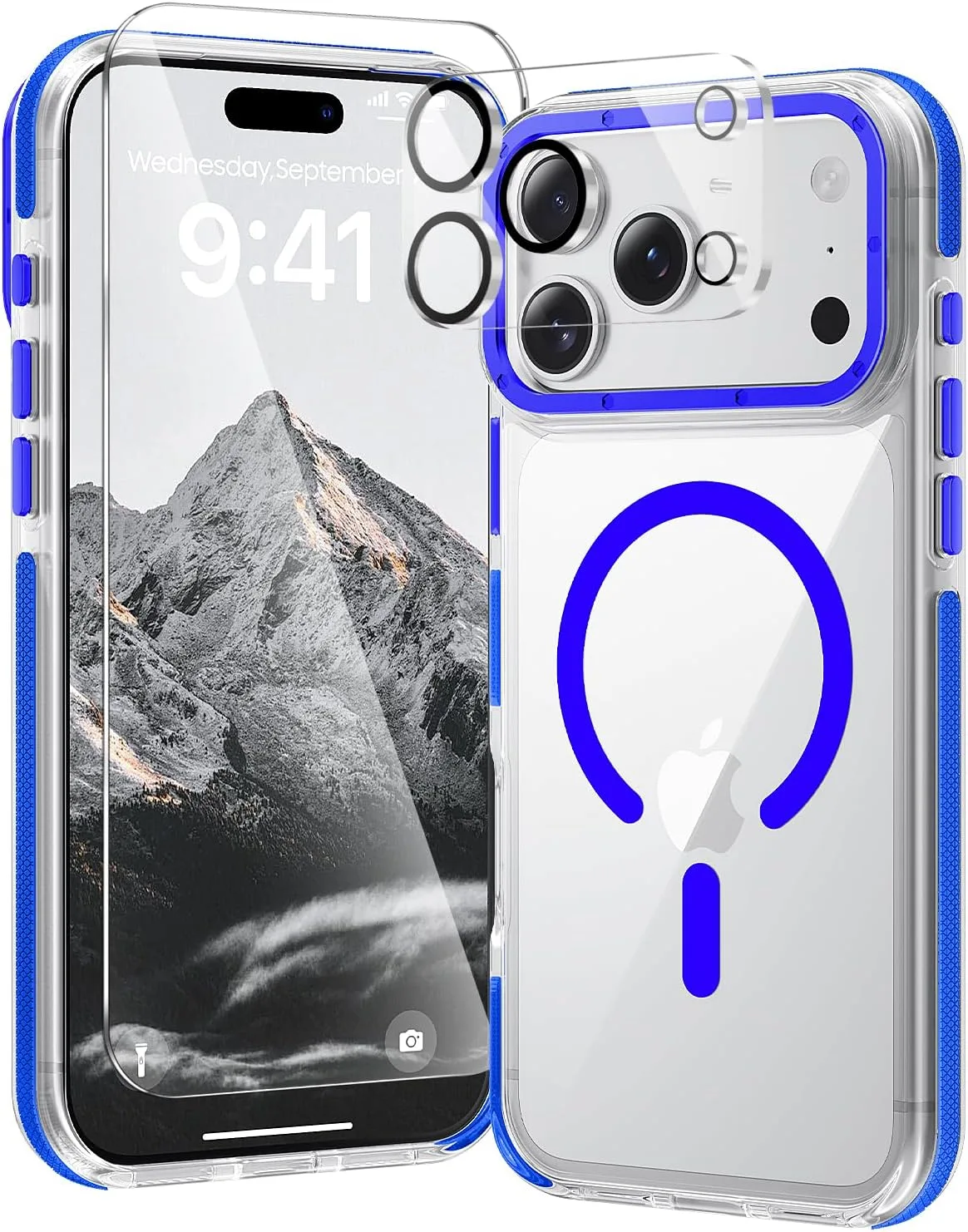 Carcasa Toushion 3 en 1 para iPhone 17 Pro Max con bumper azul transparente