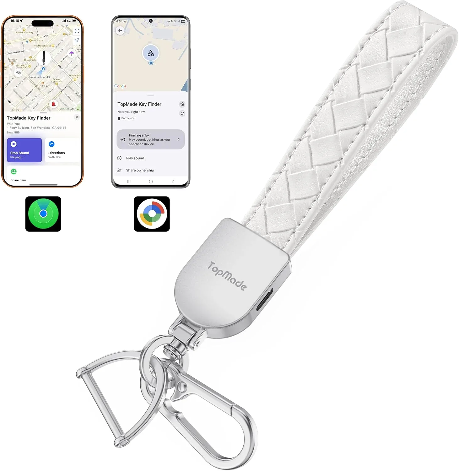 Smart Keychain Tracker (iOS & Android), Car Key Finder, White & Silver
