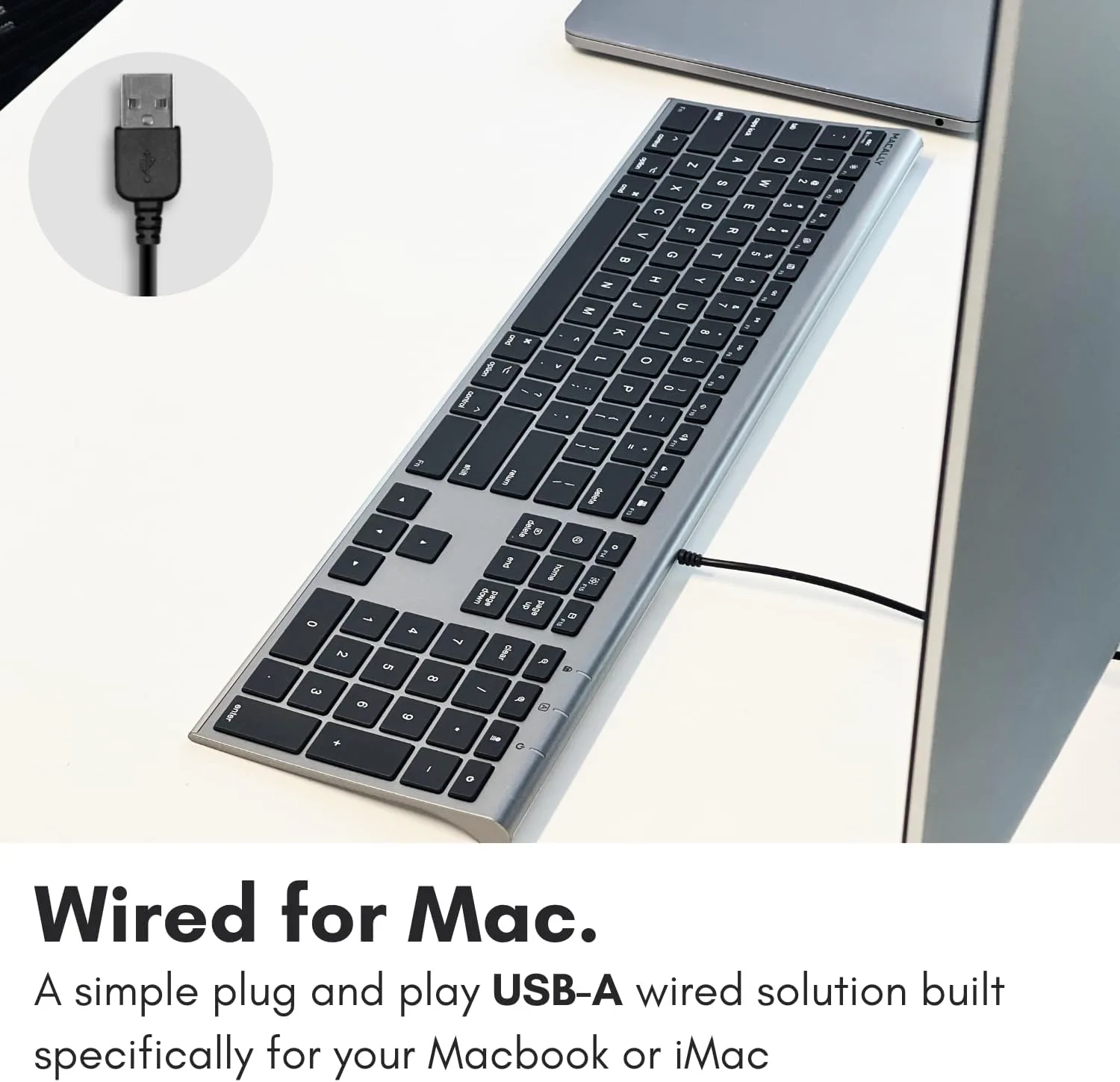 Macally Ultra-Slim USB Wired Computer Keyboard - Works Great as Both a Windows or Wired Mac Keyboard - Compatible Full Size Apple Keyboard with Numeric Keypad for Mac mini, iMac, MacBook - Space Gray