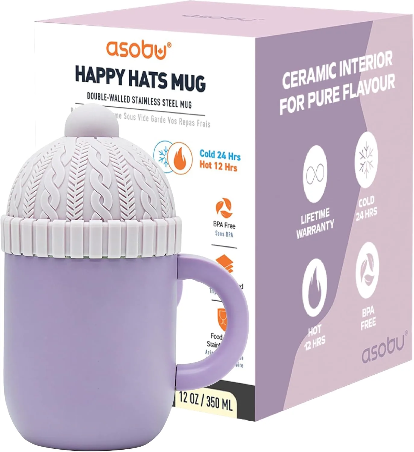 asobu Happy Hat Mug – 12 oz Double-Walled Stainless Steel Insulated Cup with Beanie-Shaped Lid – Ceramic Inner Coating – Spill-Proof and Ergonomic Design for Home and Travel (Purple)