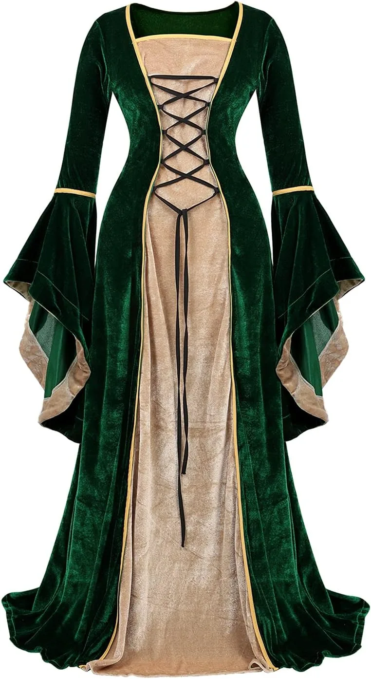 Lehauya Womens Renaissance Costume Dress Medieval Velvet Lace Up Faire Gown