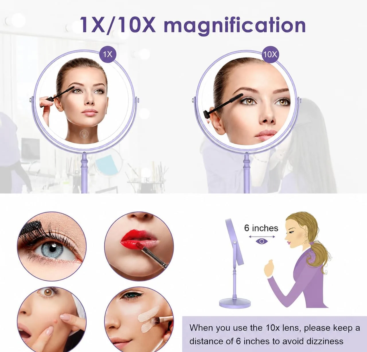 DEIOVWXS Makeup Mirror, Rechargeable Vanity Mirror with 3 Lights, 1X/10X