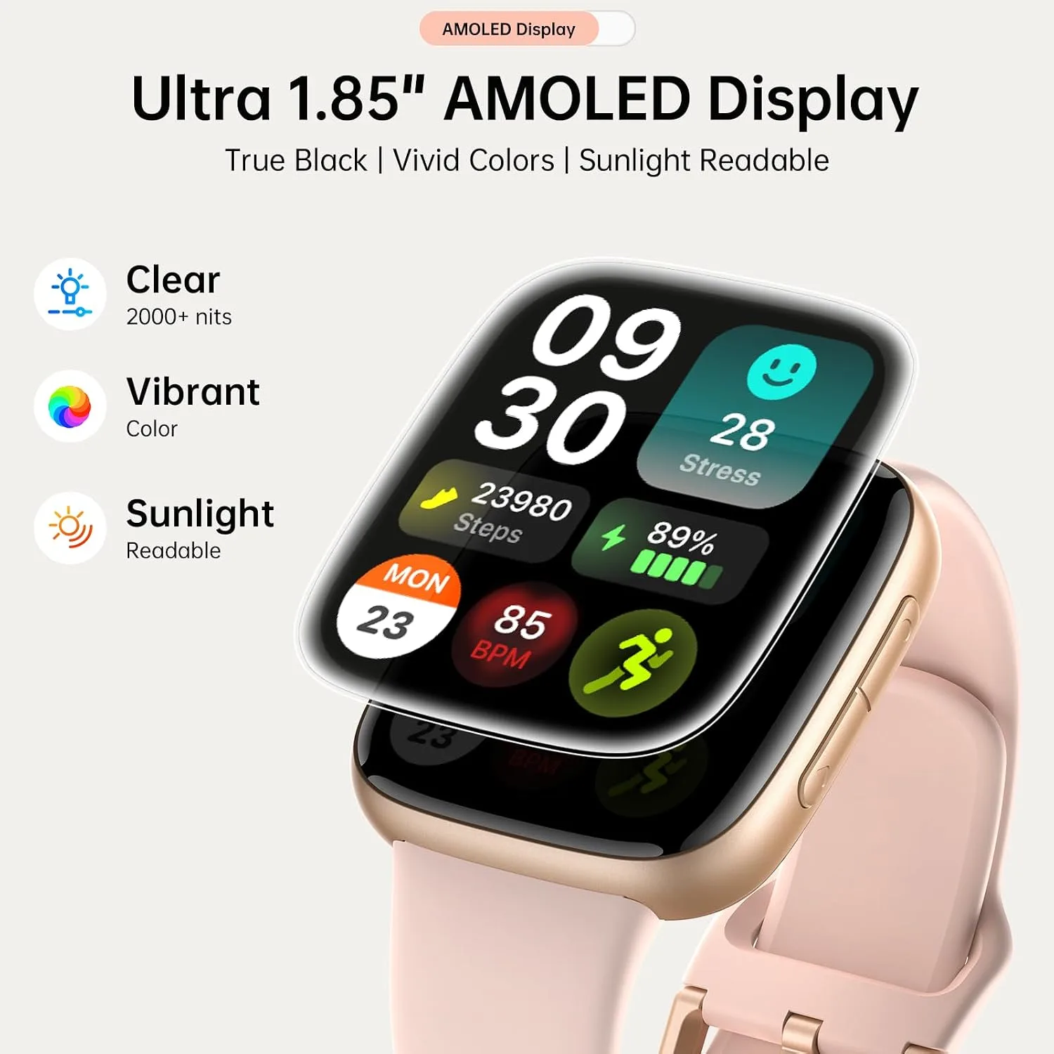 Quican Smart Watch for Women Men (2 Bands), 1.8" AMOLED Smartwatch for iPhone & Android, Heart Rate/ SpO2/ Sleep Monitor, 3ATM Waterproof, Calls & Messages, 120+ Sports Modes Fitness Tracker (Pink)