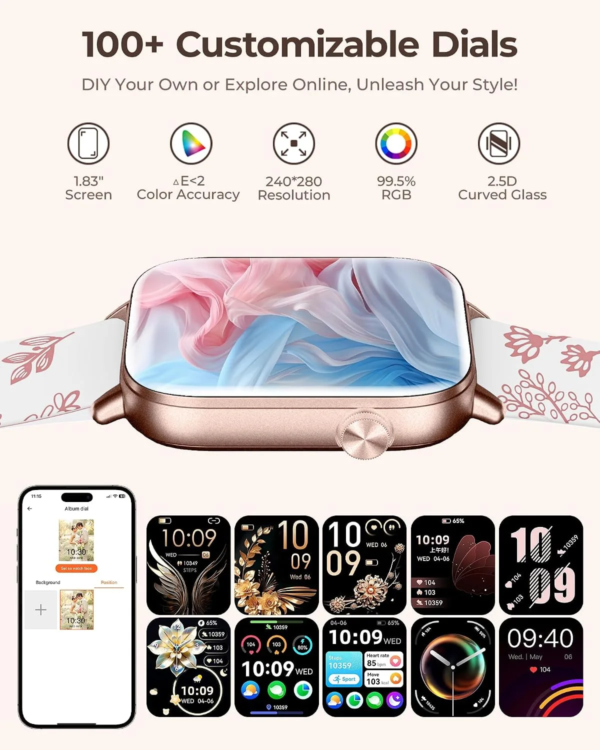Iaret Smart Watch for Women, 1.83" HD Fitness Tracker with 7 Bands & 2 Charms, Answer/Make Calls, Heart Rate/Sleep/SpO2/Step Tracking, 100+ Sport Modes, Android/iPhone Compatible Gift Set (Rose Gold)