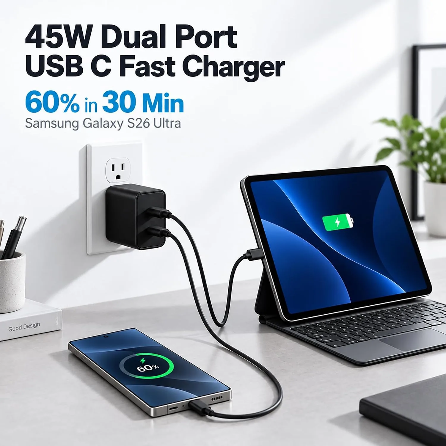 Super Fast Type C Charger for Samsung, 45W Dual Port USB C Charger