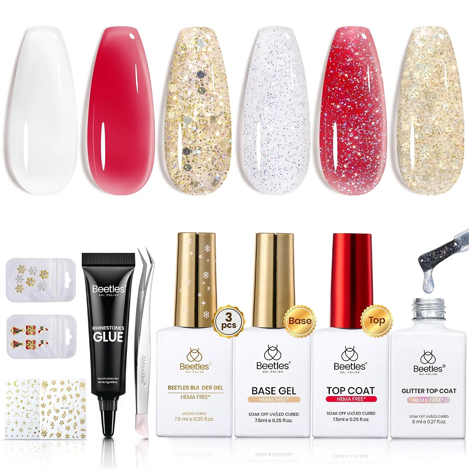 Beetles Builder Gel Nail Kit HEMA-Free, White Red Colors & Base Top Coat