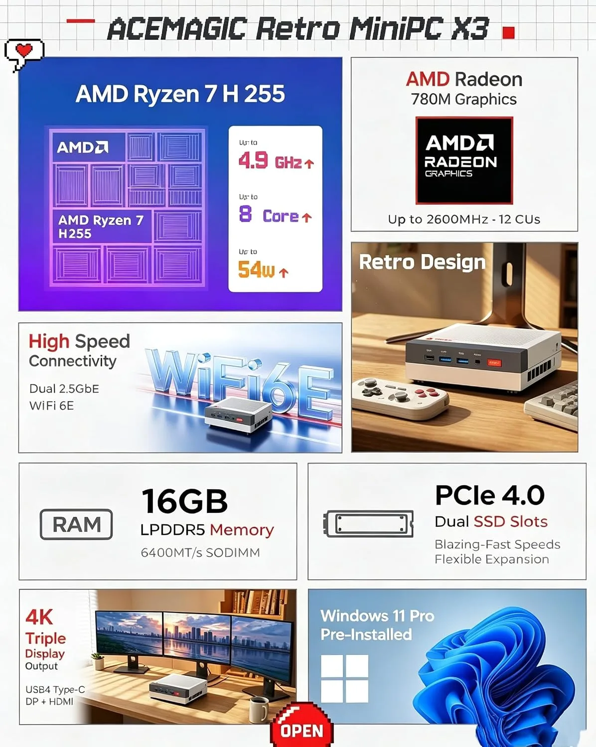 ACEMAGIC X3 Mini Gaming PC Ryzen 7 H 255 Radeon 780M 16GB 1TB Windows11 Pro