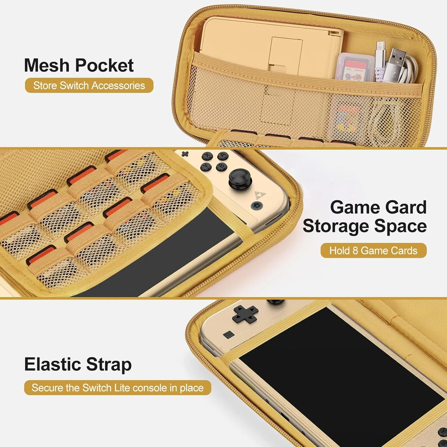 innoAura Switch Lite Case 18-in-1 Accessories Bundle for NS Switch Lite (2019), with Protective Carrying Case, Game Holder, Screen Protector & Cute Thumb Grips, Golden