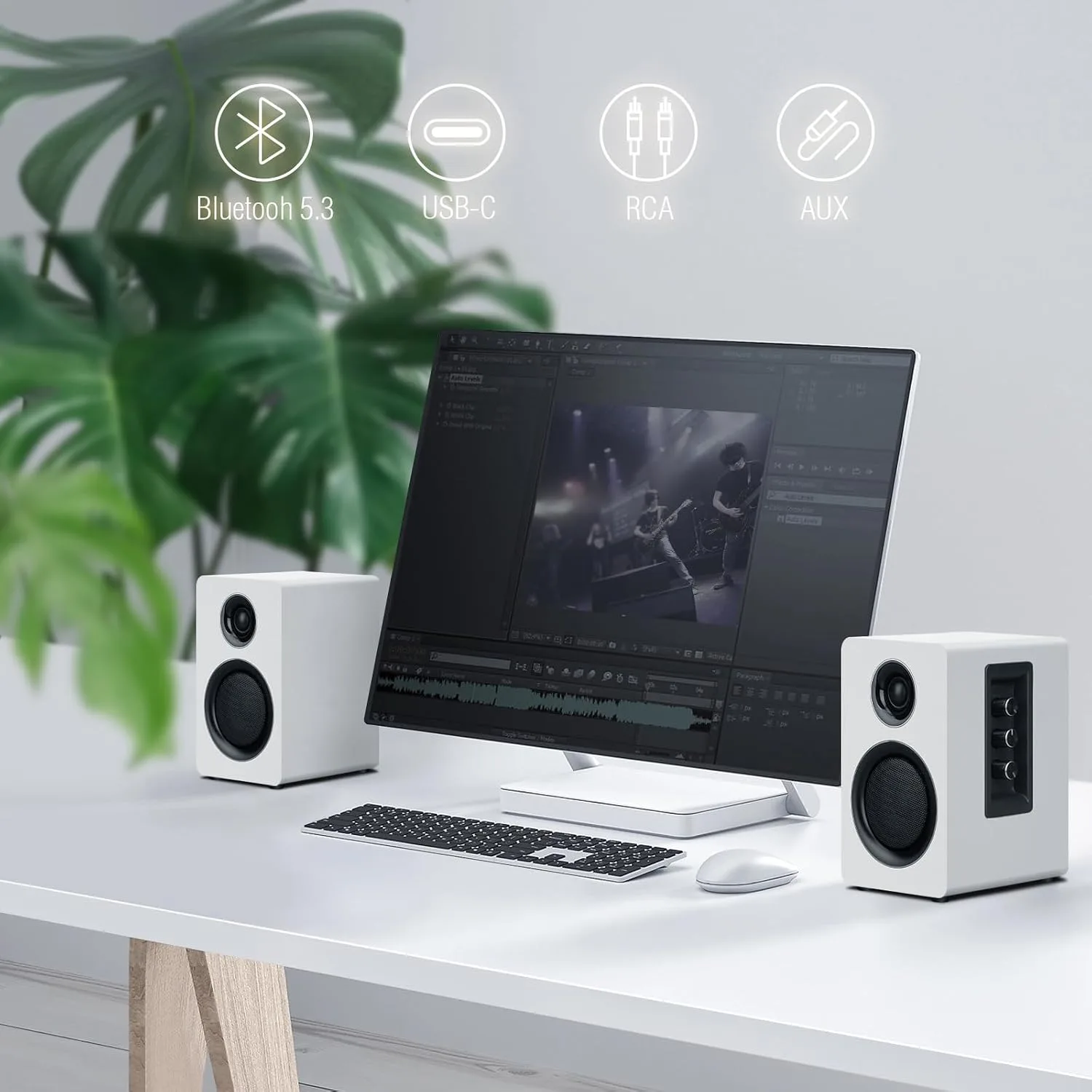 Computer Speakers, Bluetooth 5.3, USB-C, AUX/RCA, 3.5-Inch Woofer, White
