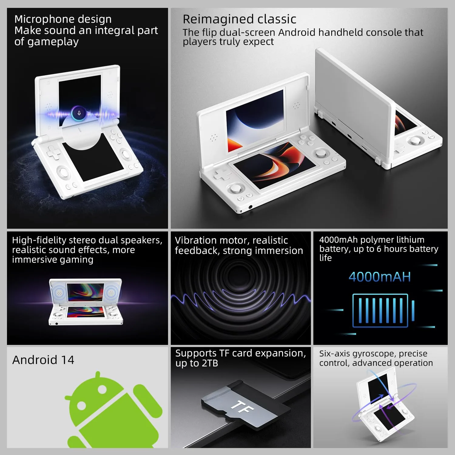 RgAmbernic RG DS Android 14 System Flip Handheld Game Console RG DS Dual Screen 4 inch resolution 640 * 480 OCA Full Touch Screen Built-in Hall Chip 4000mAh [android]