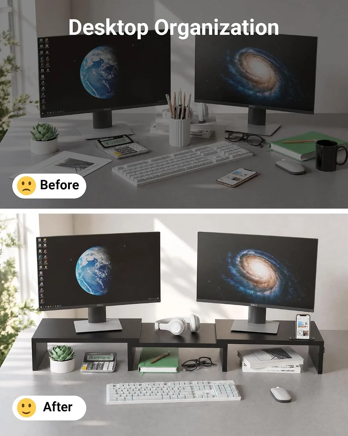 BONTEC Dual Monitor Stand Riser, Adjustable Length & Swivel Angle, Black