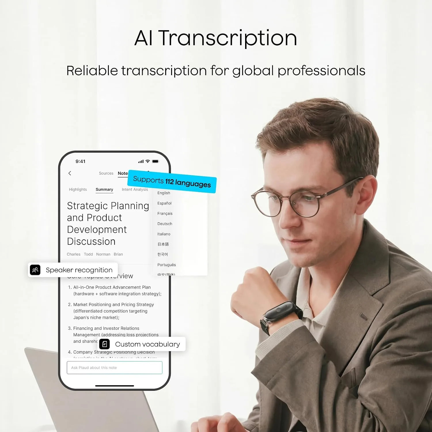Plaud NotePin S Wearable AI Voice Recorder, Transcribe & Summarize, Silver