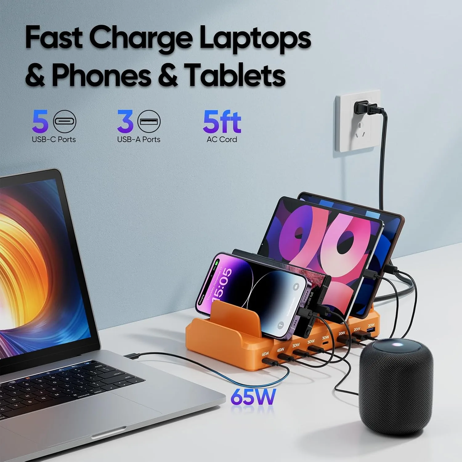 300W Charging Station for Multiple Devices, 8 Port Multi USB C Fast Charger Station Dock for MacBook iPhone 16/15/14/13/12 Samsung Pixel Series iPad, Orange (6 Mixed Short Cables Included)