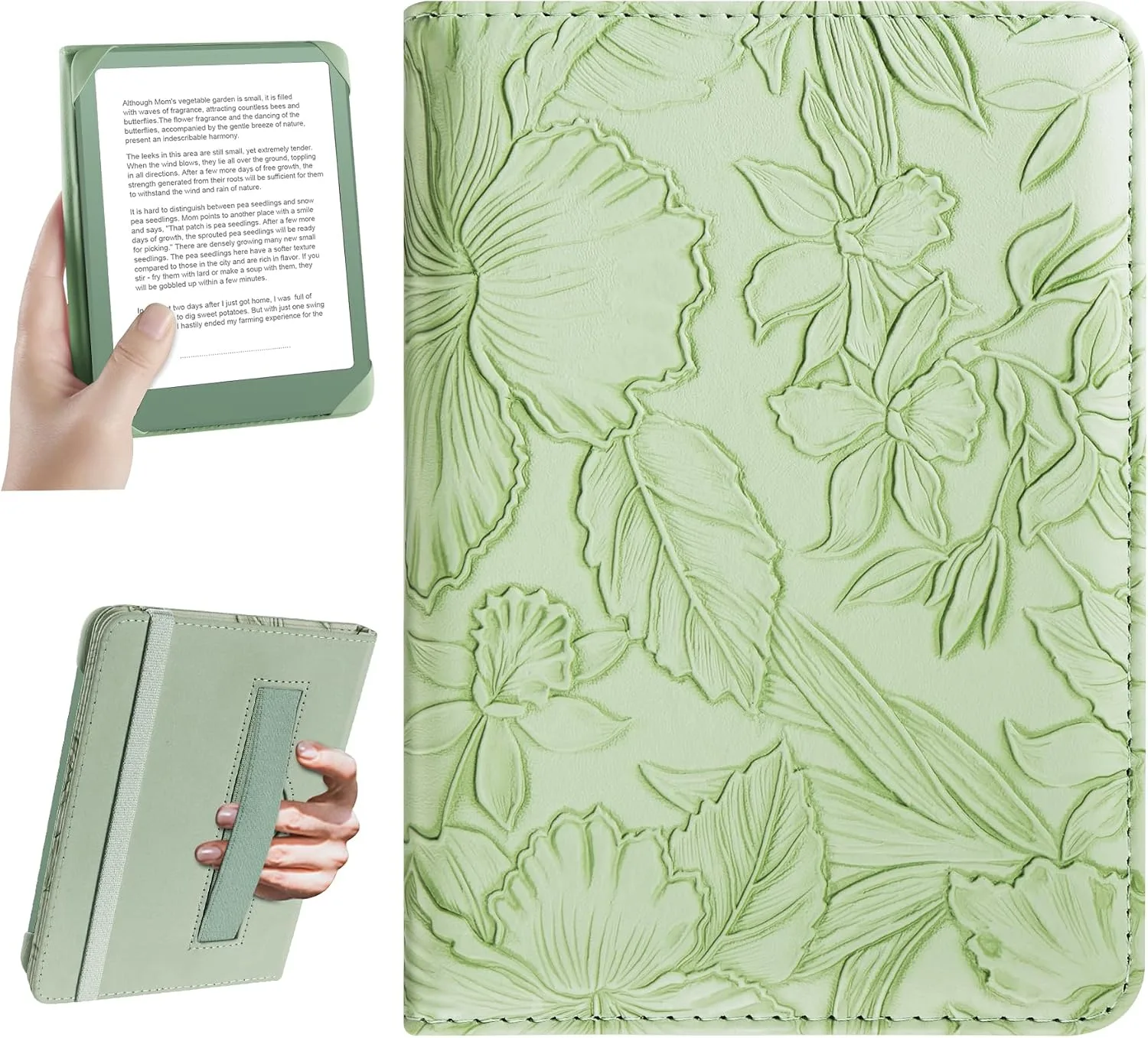 HoYiXi Universal Case for 6 inch Kindle eReader Compatible with Paperwhite(2015/2018)/Pocketbook and Tolino/Kobo Clara HD,6" eReader Protective Case Cover Elastic Rope,Green Leaves