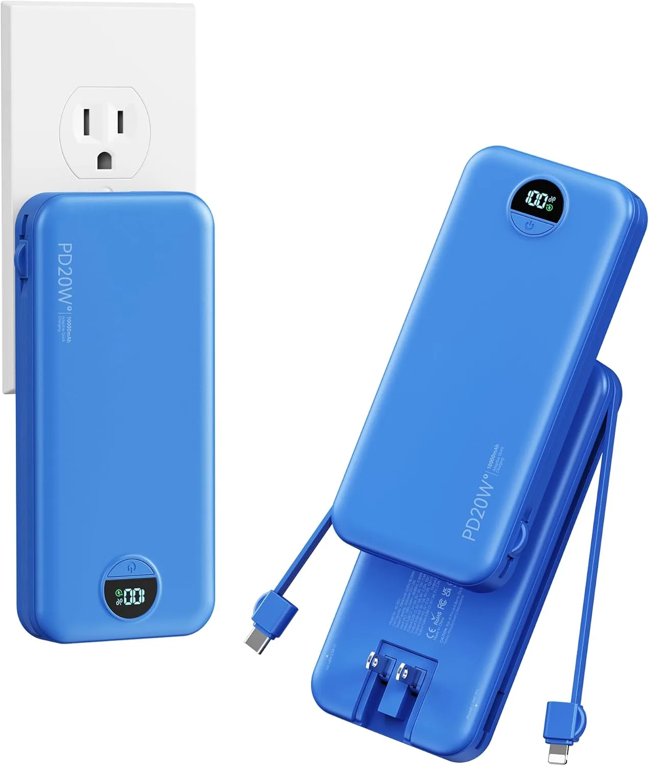 Portable Charger Power Bank 10000mAh with Built in Cables & Wall Plug