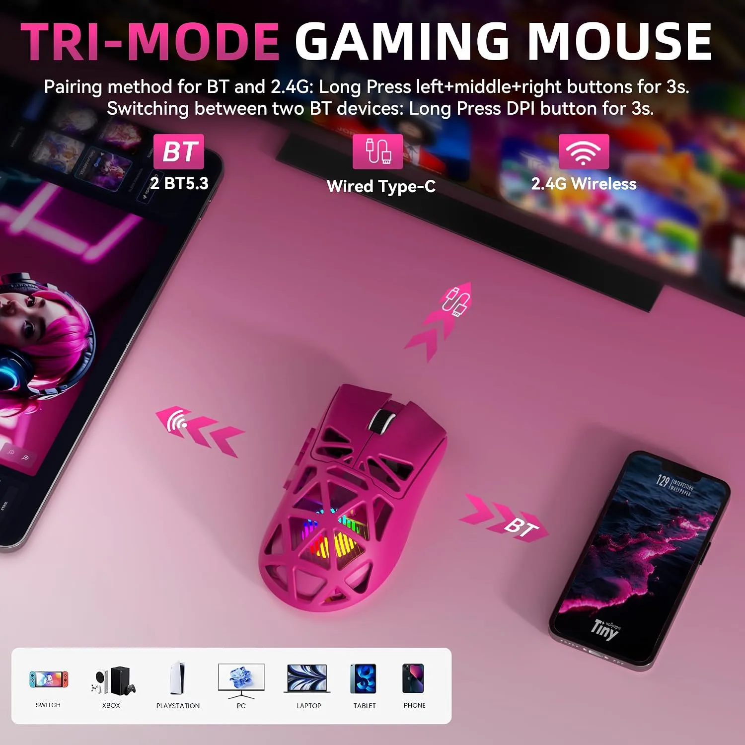 Aula SC620 Wireless Gaming Mouse, Tri-Mode 2.4GHz/USB-C/BT5.3 Computer Mouse with 12000 DPI, Programmable Macro Gamer Mouse with Rapid Fire Key, RGB Light Gaming Mice for PC/Laptop/Mac(Hot Pink)
