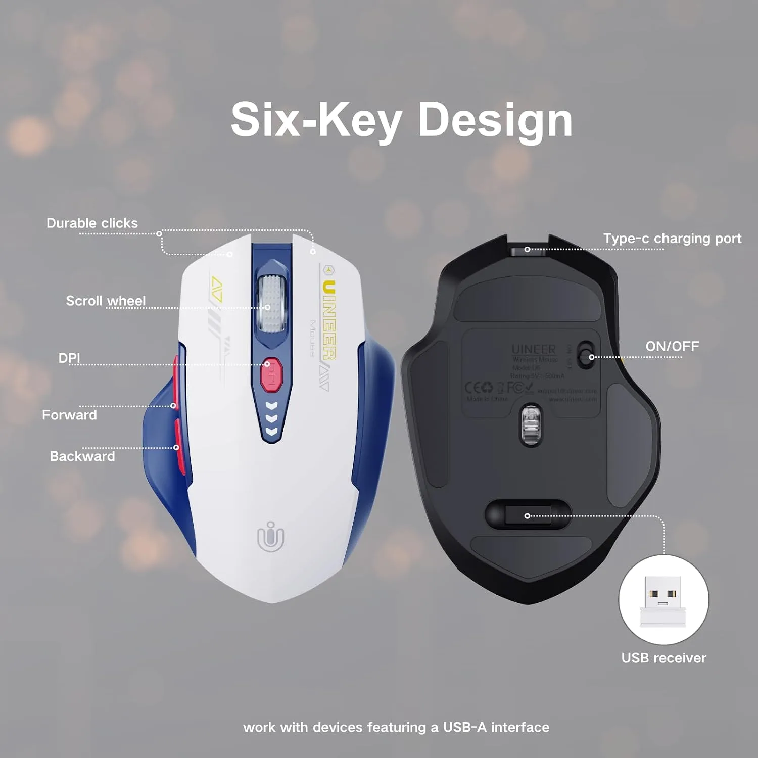 Uineer Wireless Mouse, 2.4GHz Rechargeable Computer Mouse, Battery Display