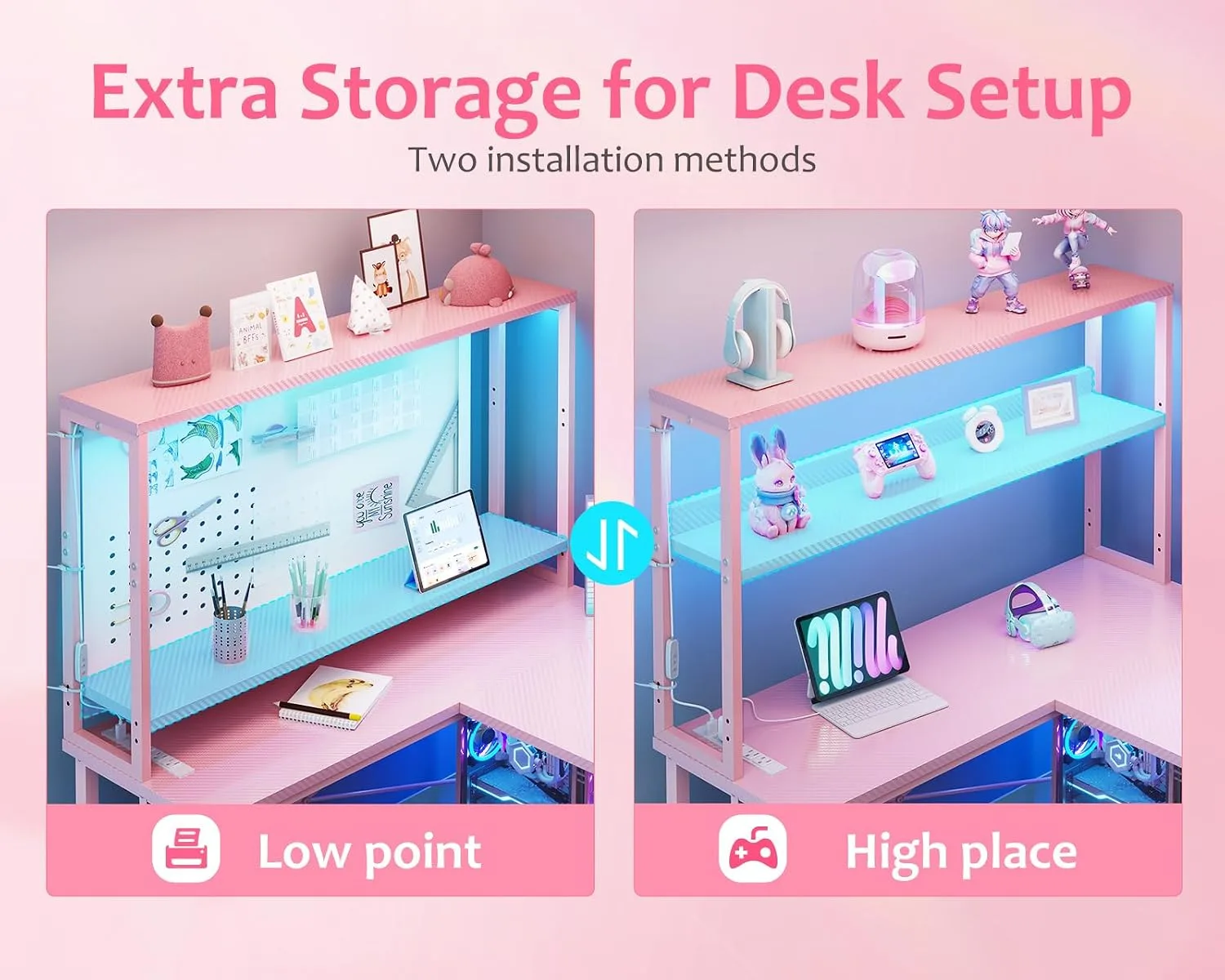ODK 53" L Shaped Gaming Desk with Shelves, LED & Outlets, Pink