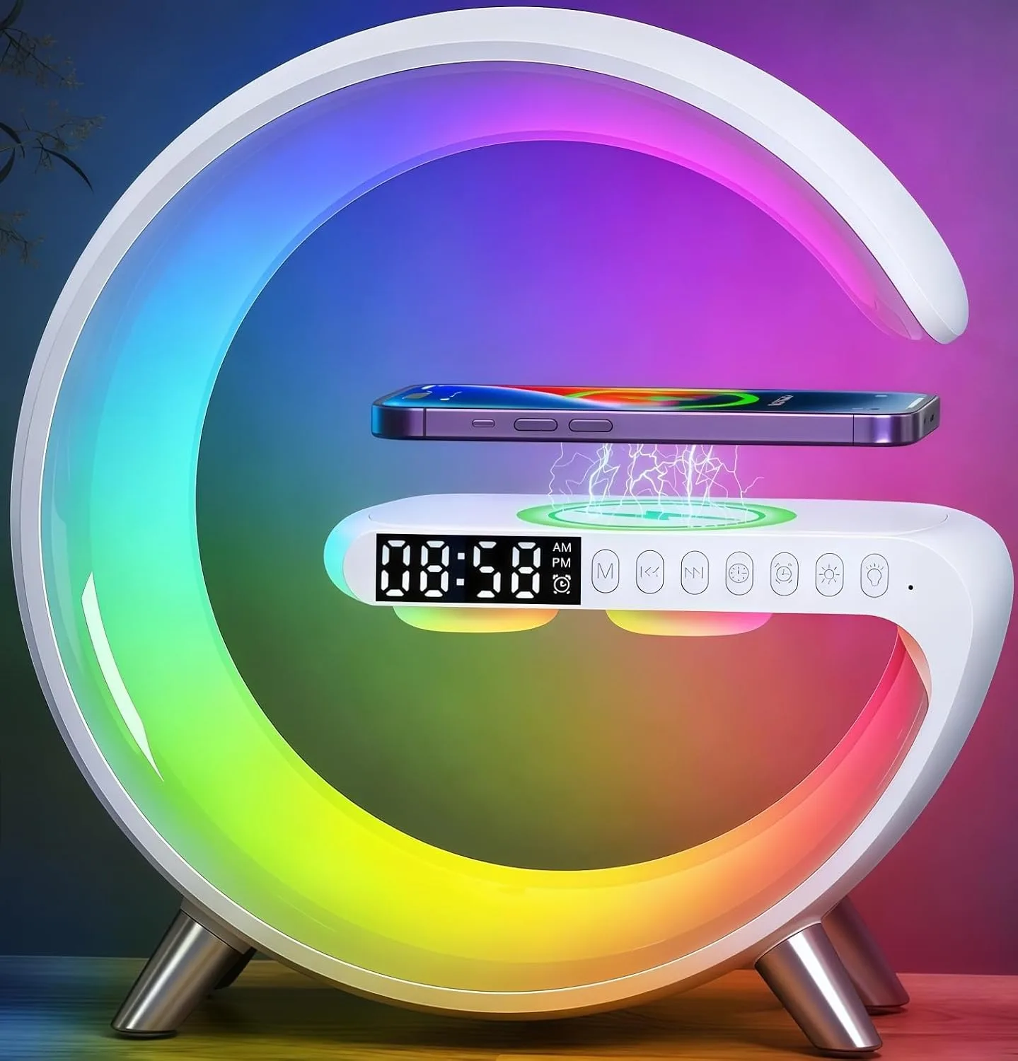 Smart LED Table Lamp, 4 in 1 RGB Night Light, Alarm Clock, Wireless Charger, Bluetooth Speaker with App Control, G-Shape Bedside Atmosphere Lamp for Bedroom Office Home Decor, Teen Girls Boys Gifts
