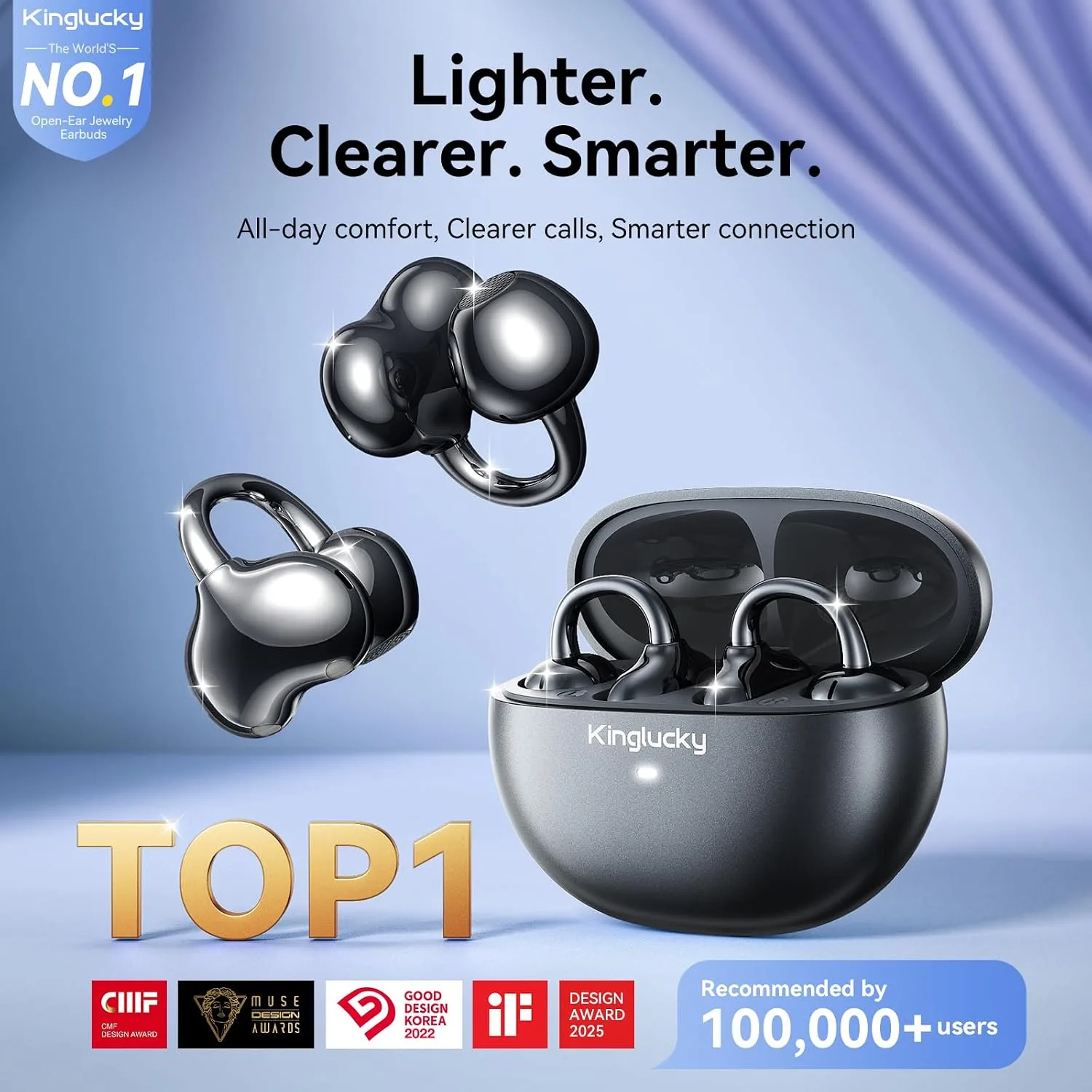 Kinglucky Upgraded Clip-On Earbuds Comfortable fit & Crystal-Clear Sound, 40H Playtime Open Ear Buds Bluetooth6.0 Wireless Headphones for Women Ideal for Small Ears,Sports,Workouts,Glasses Black