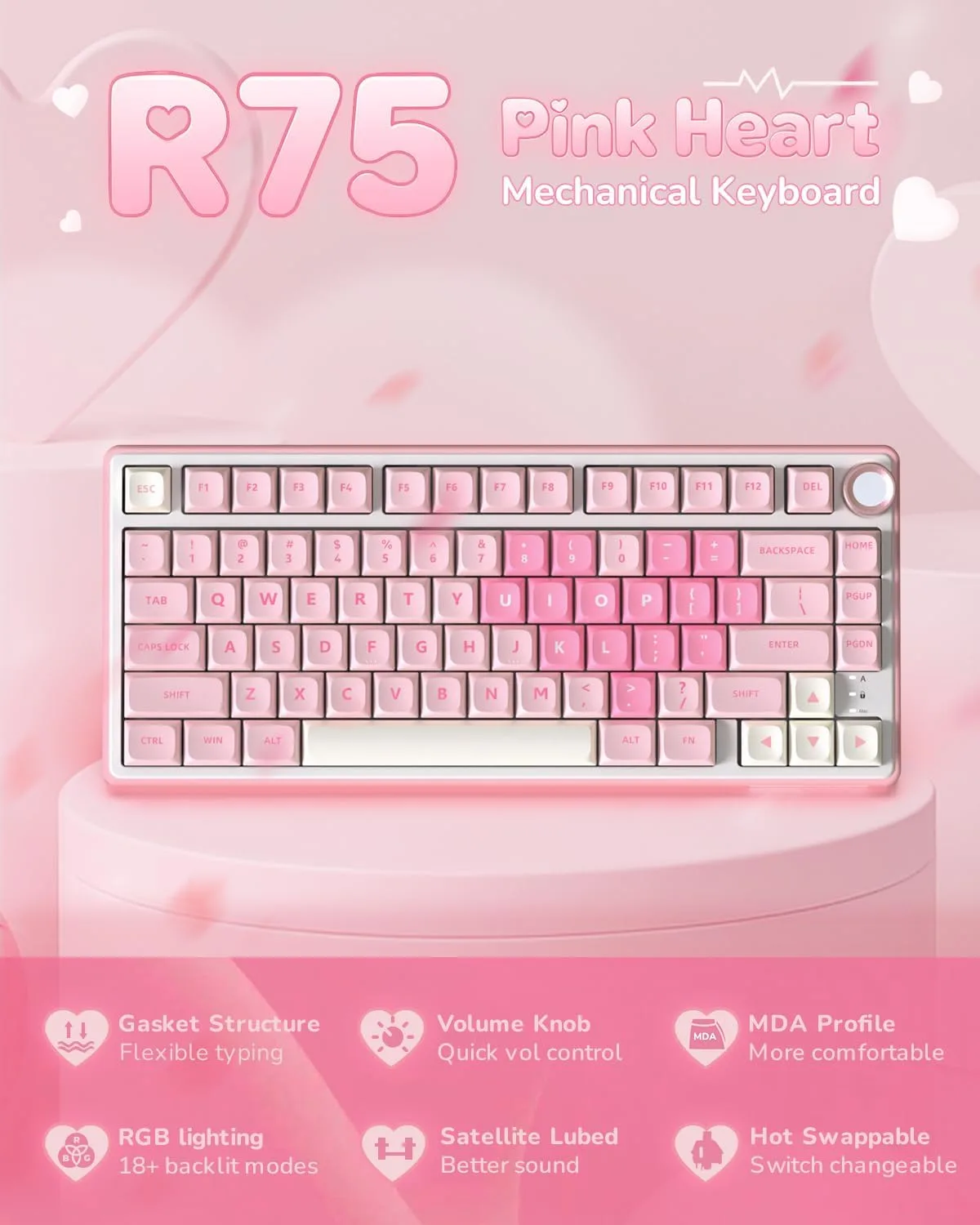 RK ROYAL KLUDGE R75 Mechanical Keyboard Wired with Volume Knob, 75% Keyboard Gasket Mounted, Hot Swappable, Creamy Sound, MDA Profile, PBT Keycaps, Pink