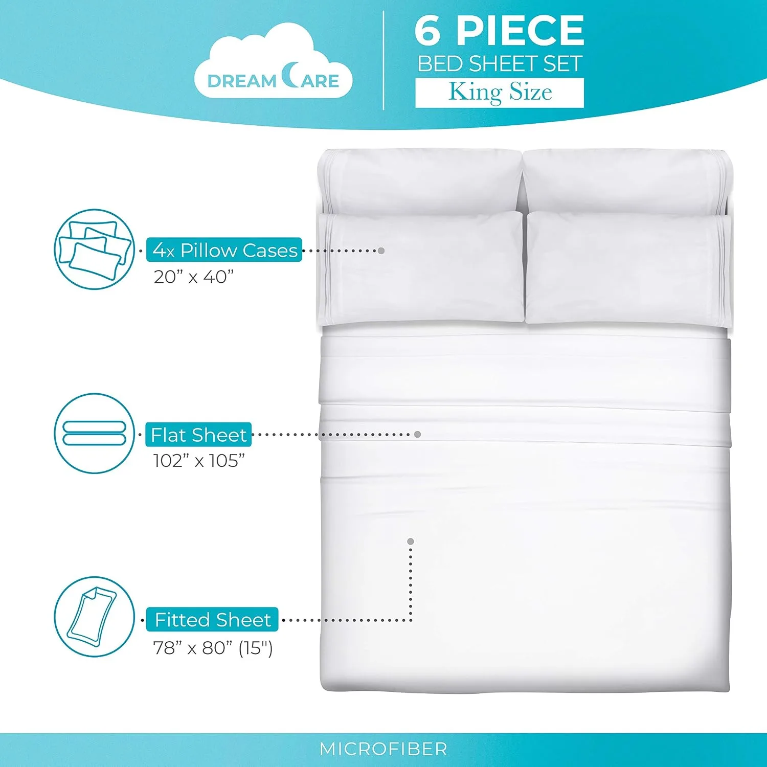 DREAMCARE King Size Sheets Set - 6 pcs Breathable Cooling Sheets King Size
