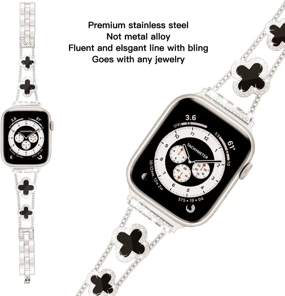 Musk-MSKR Diamond Metal Bands Add Sparkle to Your Watch For Apple Watch Series 12/11/10/9/8/7/6/5/4/3/2/SE/Ultra Clover Simple and Stylish Compatible with 38mm40mm41mm42mm44mm45mm 46mm49mm Women's Wear
