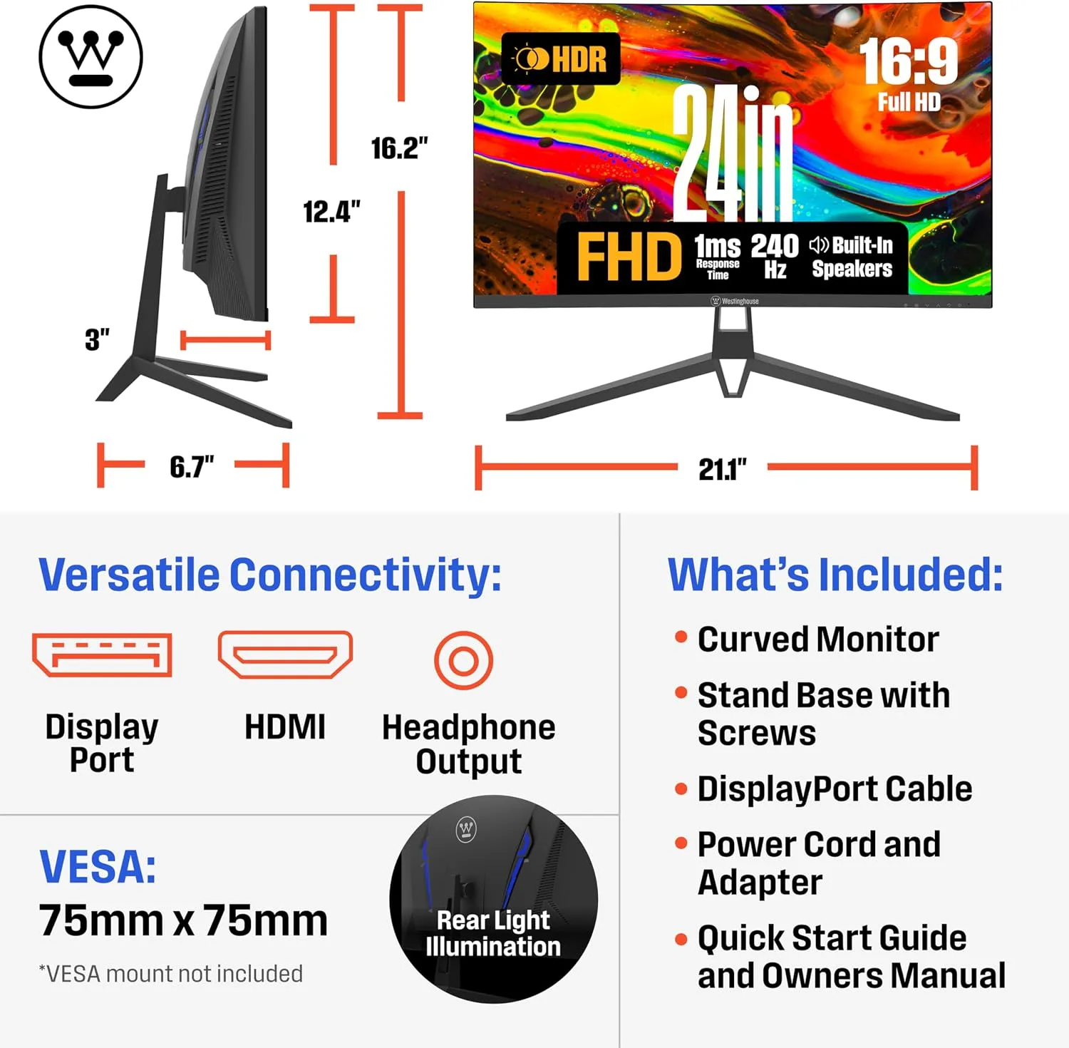 Westinghouse 24 Inch Curved Gaming Monitor, 240Hz, 1ms, FHD 1080P, 3000:1 Contrast Ratio, 118% SRGB, 1500R, AMD FreeSync, Eyecare, for PC Games with Built-in Speakers, VESA, DisplayPort, HDMI