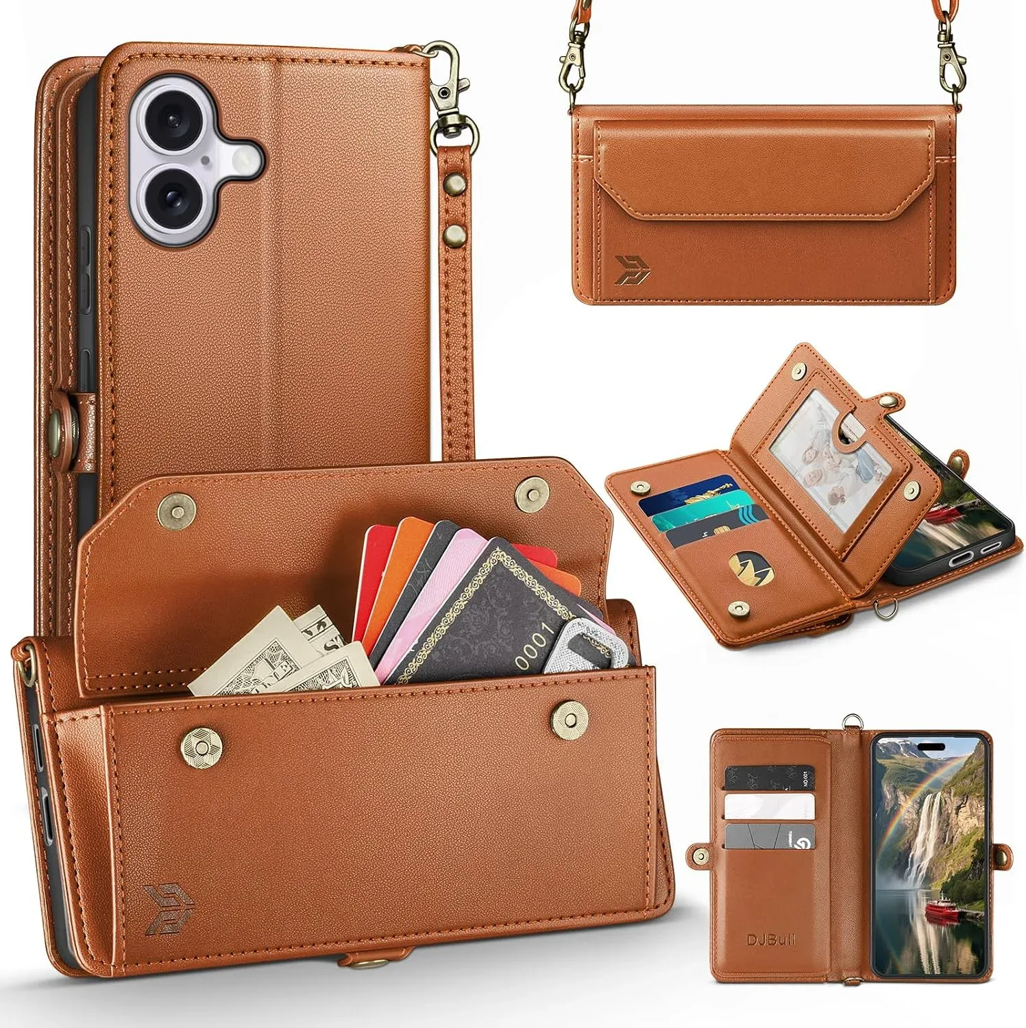 Funda Cartera DJBull para iPhone 17 6.3" Marrón Claro con Correa