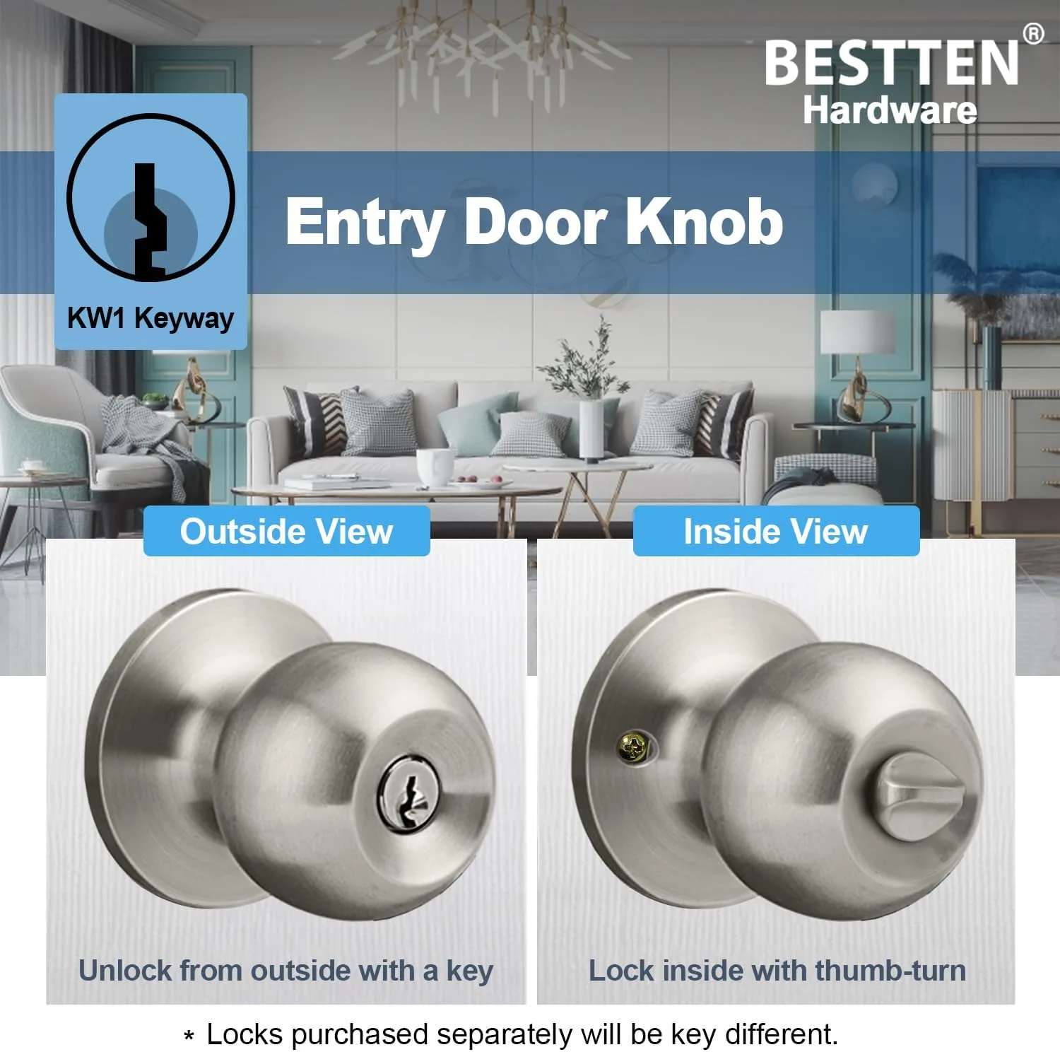 BESTTEN Keyed Entry Door Knob with Lock, Heavy Duty Interior and Exterior Door Lock, Standard Ball, Satin Nickel