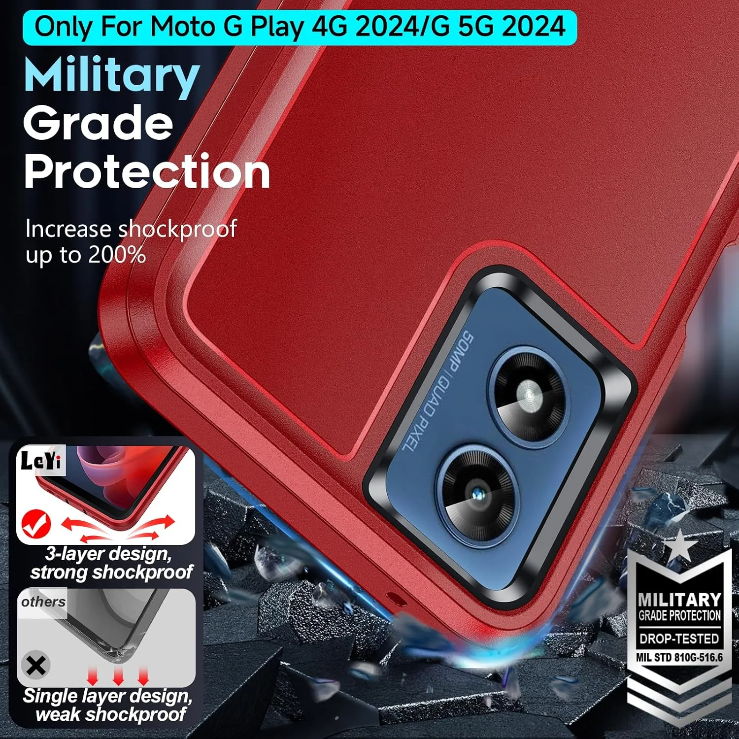 LeYi for Moto-G-2024 Phone Case: 𝗡𝗼𝘁 𝗣𝗹𝗮𝘆 Heavy Duty Protection, Red