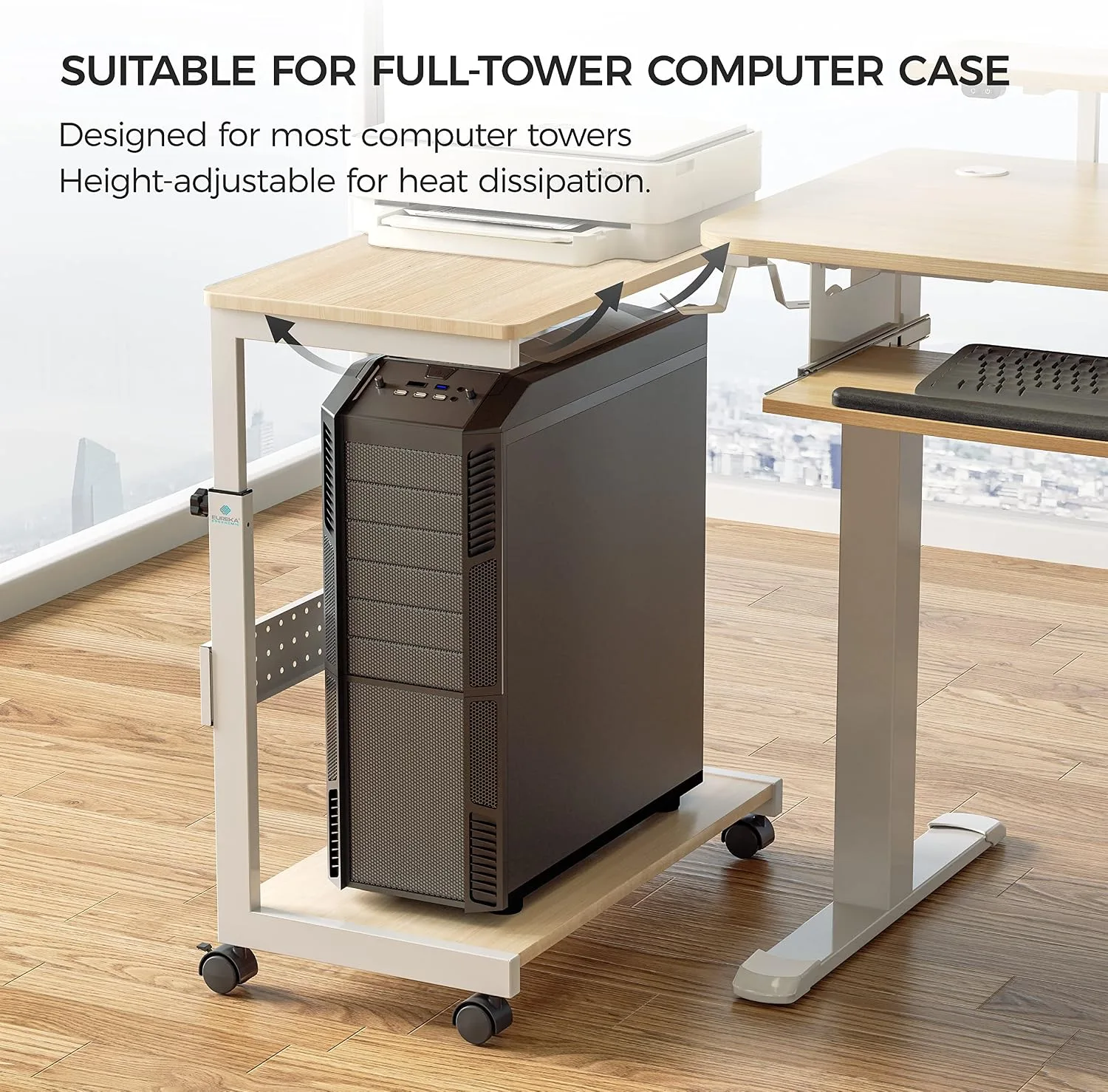 EUREKA ERGONOMIC PC Stand Computer Cart, Height Adjustable Tower Stand 2-Tier Suit for ATX Case Printer, Metal Rolling Cart on Wheels for Gaming Home Office, Maple