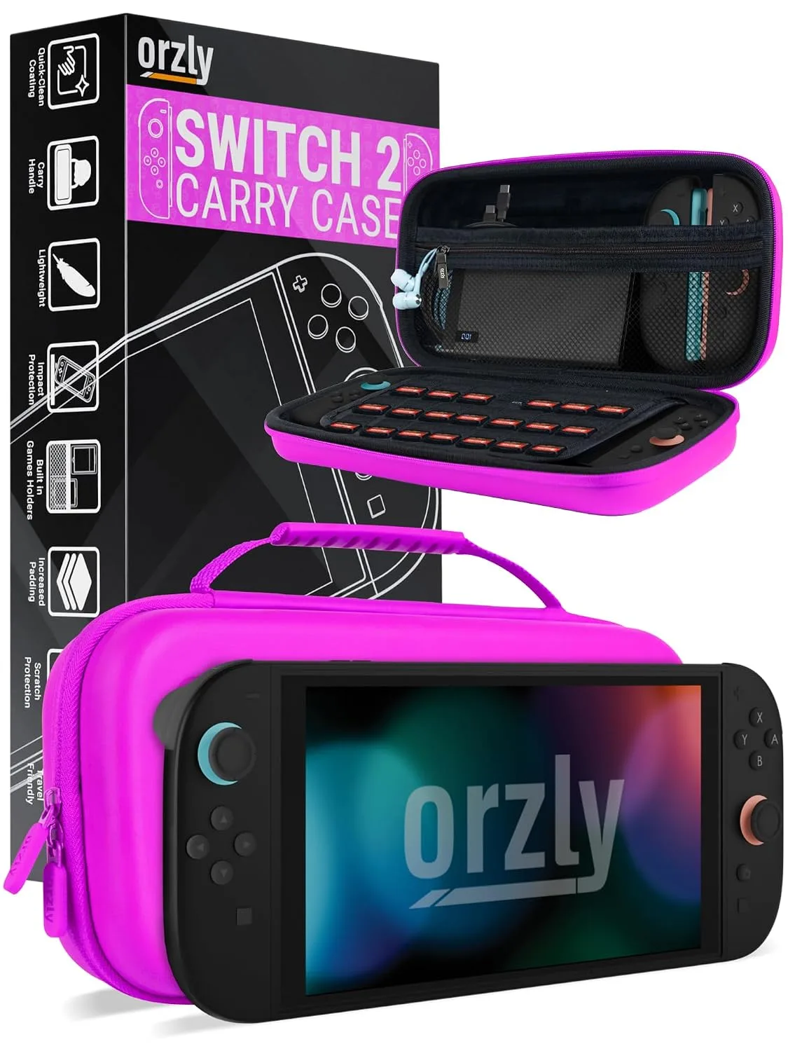 Orzly Case Compatible with Nintendo Switch 2 – Protective Travel Carry Case with Screen Padding, Game Card & microSD Slots, Zipped & Open Pockets for Accessories – 7.9" Gift Boxed