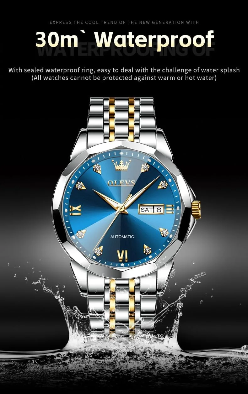 OLEVS Skeleton Men Watches Automatic Business Luxury Diamond Self Winding Watch for Men Stainless Steel Calendar Wrist Watch
