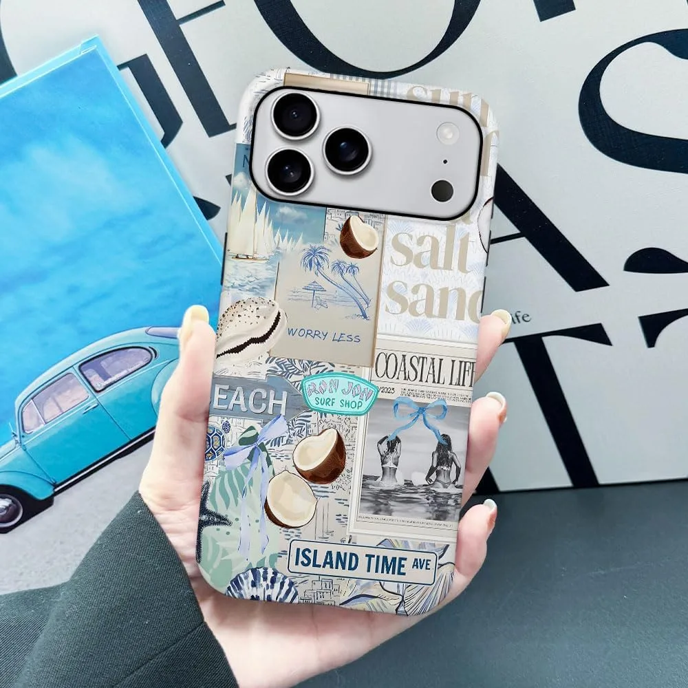 Case Compatible with iPhone 18 Pro Max/iPhone 17 Pro Max,Fall Prevention Hybrid 2-Layer Hard Shell Phone Cover for Girls Boys,Beach Coast Collage