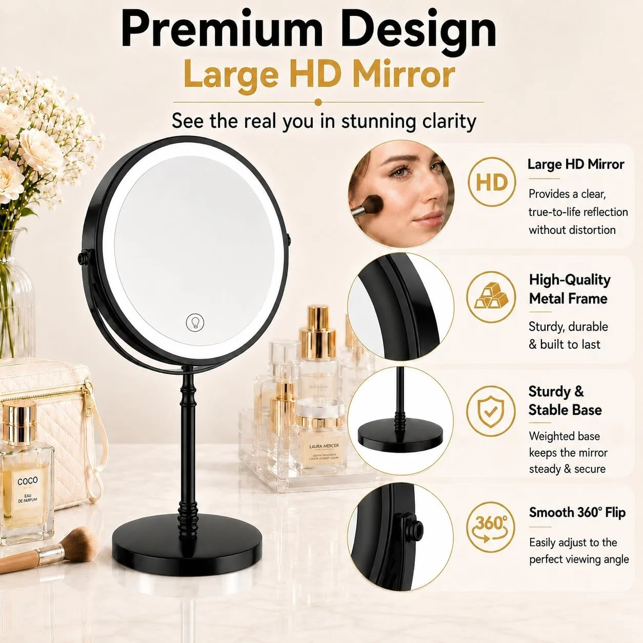 DEIOVWXS Makeup Mirror, Rechargeable Vanity Mirror with 3 Lights, 1X/10X
