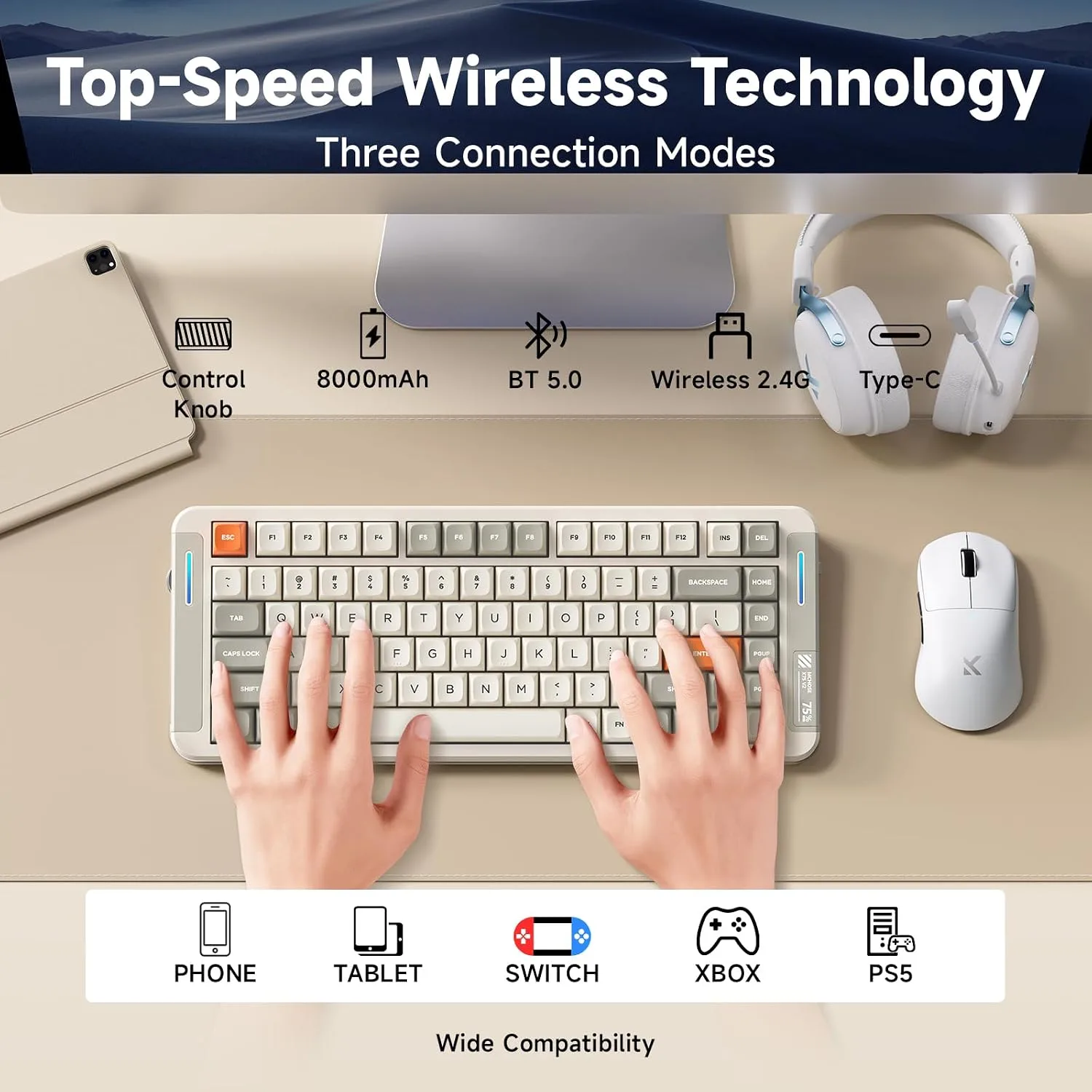 MCHOSE X75 V2 Wireless Mechanical Keyboard Volume Knob, Tri-mode BT5.0/2.4GHz/USB-C Hot Swappable Custom Keyboards, Linear Switch Creamy keyboards,RGB Gaming Keyboard for PC/Tablet/PS/Xbox,Retro White