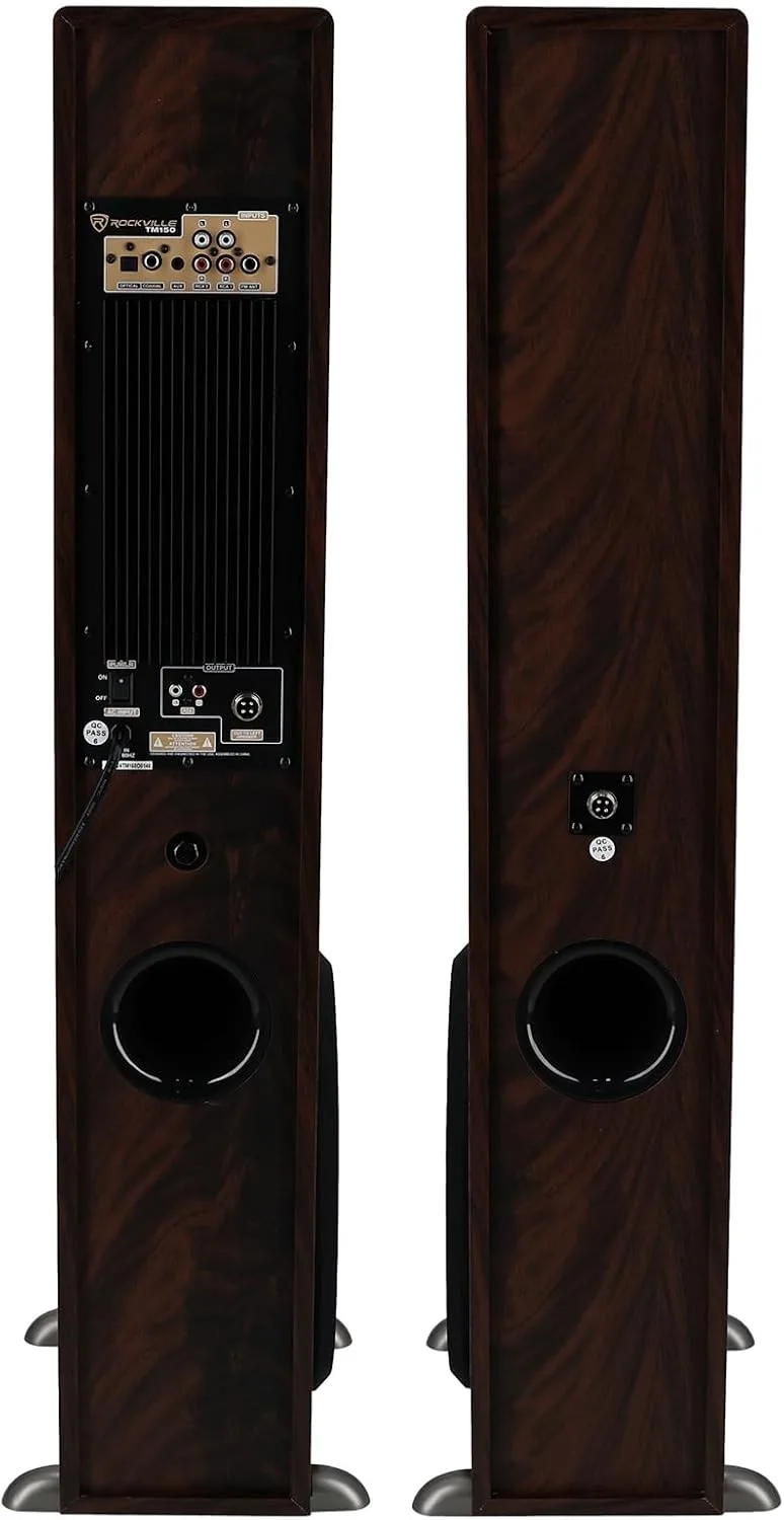Rockville TM150D Dark Wood Powered Home Theater Tower Speakers, 10" Subs