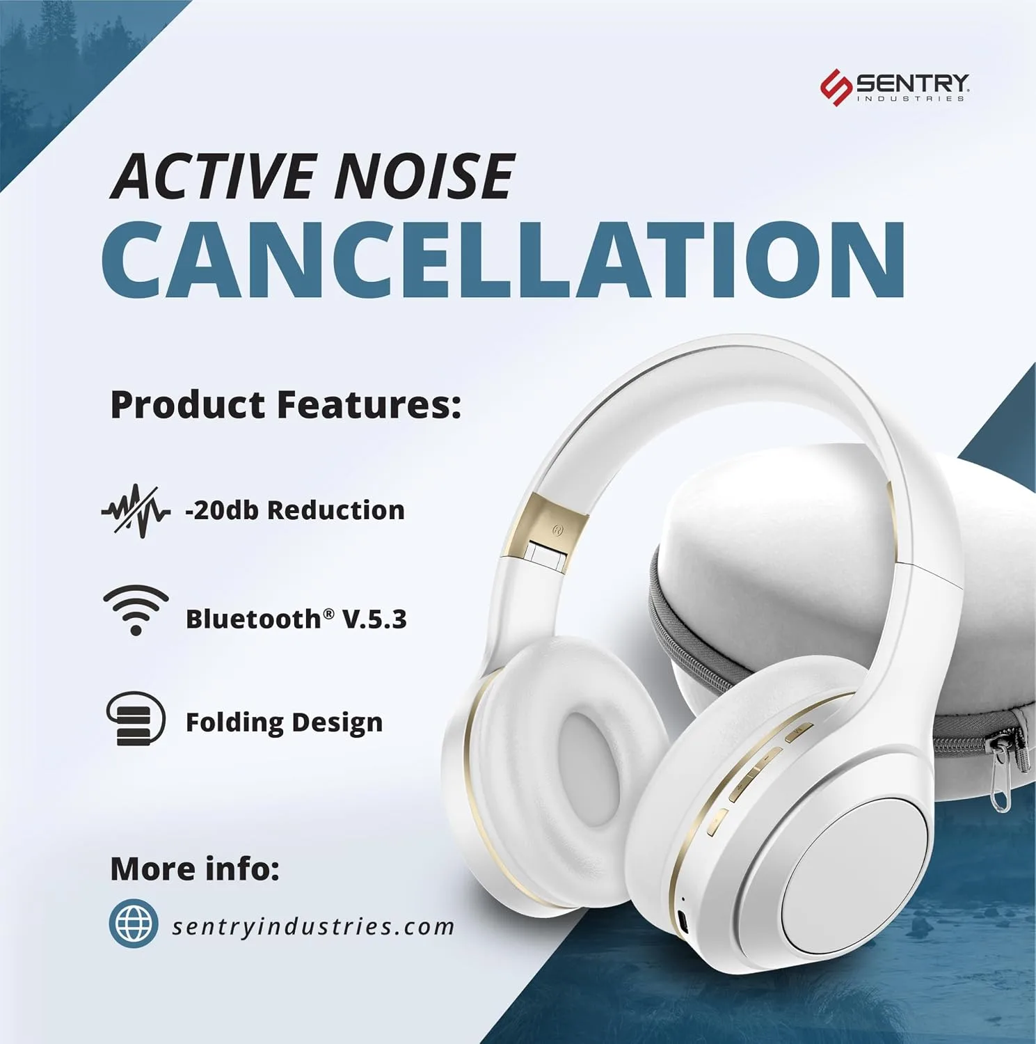 SENTRY OSH Over Ear Bluetooth Wireless Headphones, Active Noise Canceling -20dB Reduction, 22 Hour Battery Life, Control Buttons, Built in Microphone, USB C Charging and Carrying Case Included (White)
