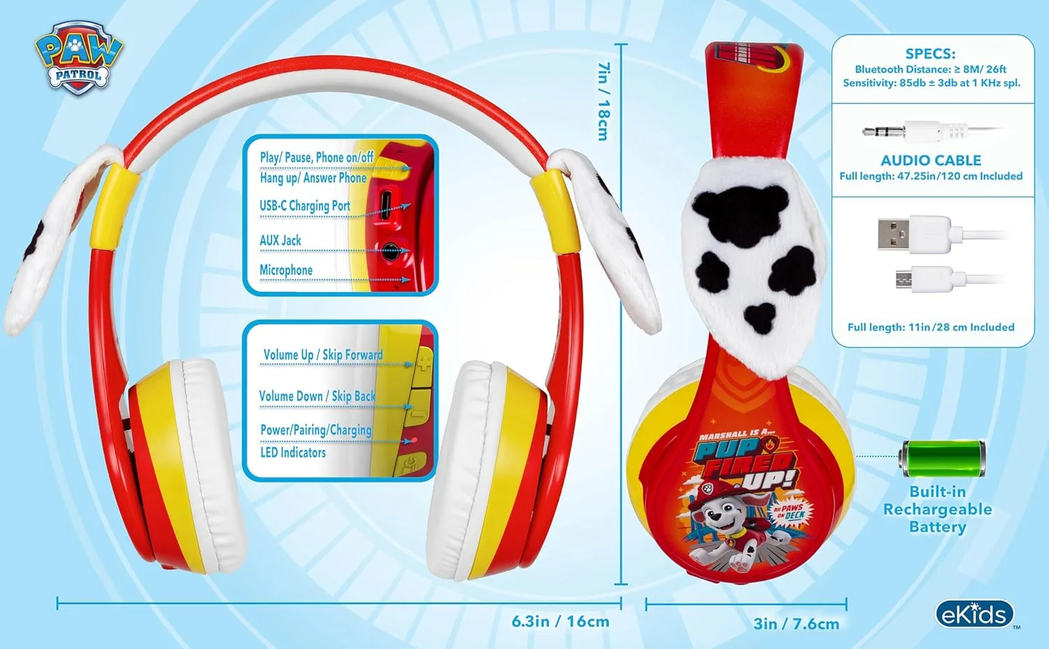 Paw Patrol Marshall Bluetooth Headphones for Kids, Wireless Headphones