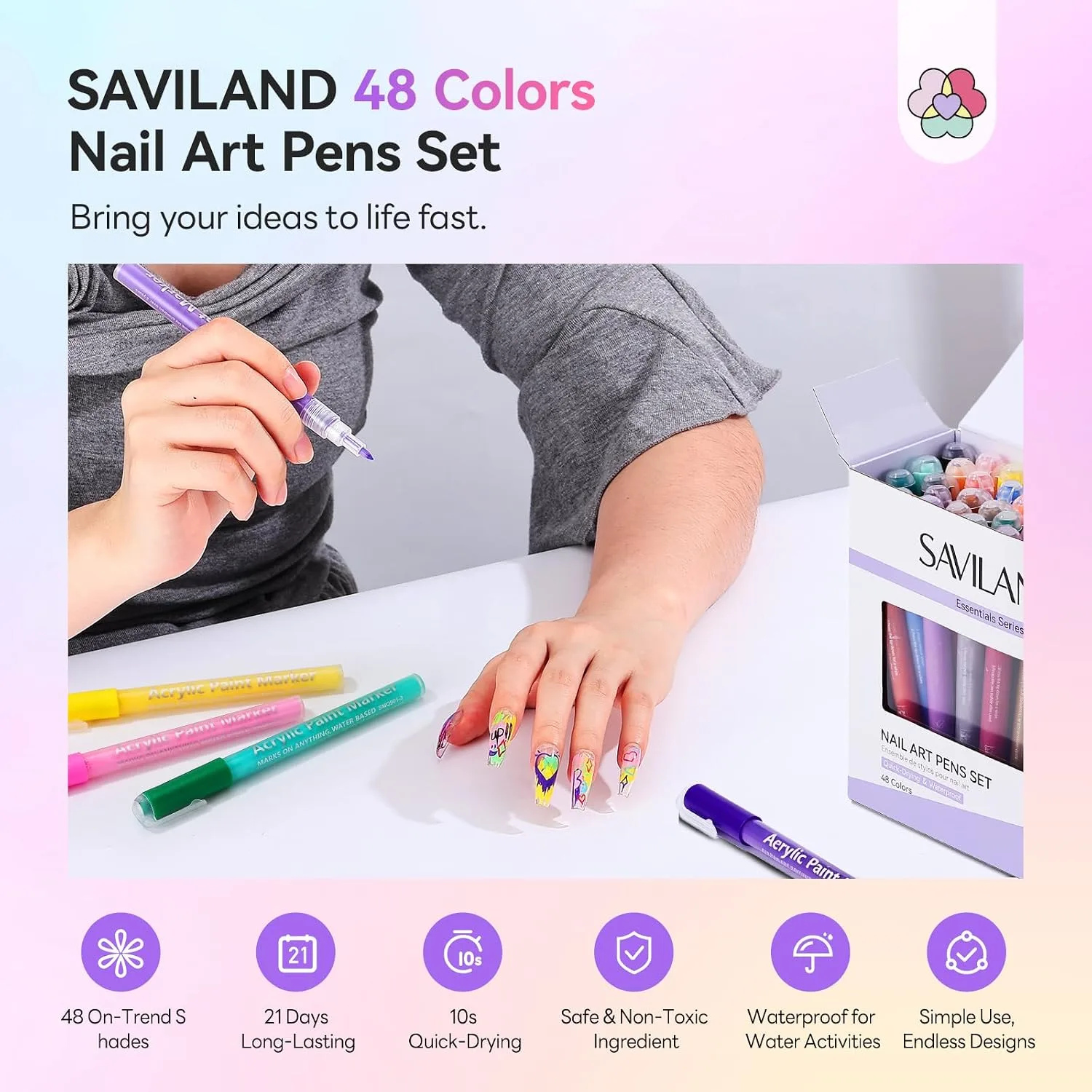 SAVILAND 48 Colors Nail Art Pens Set, 0.7mm Fine Tip Nail Polish Pens
