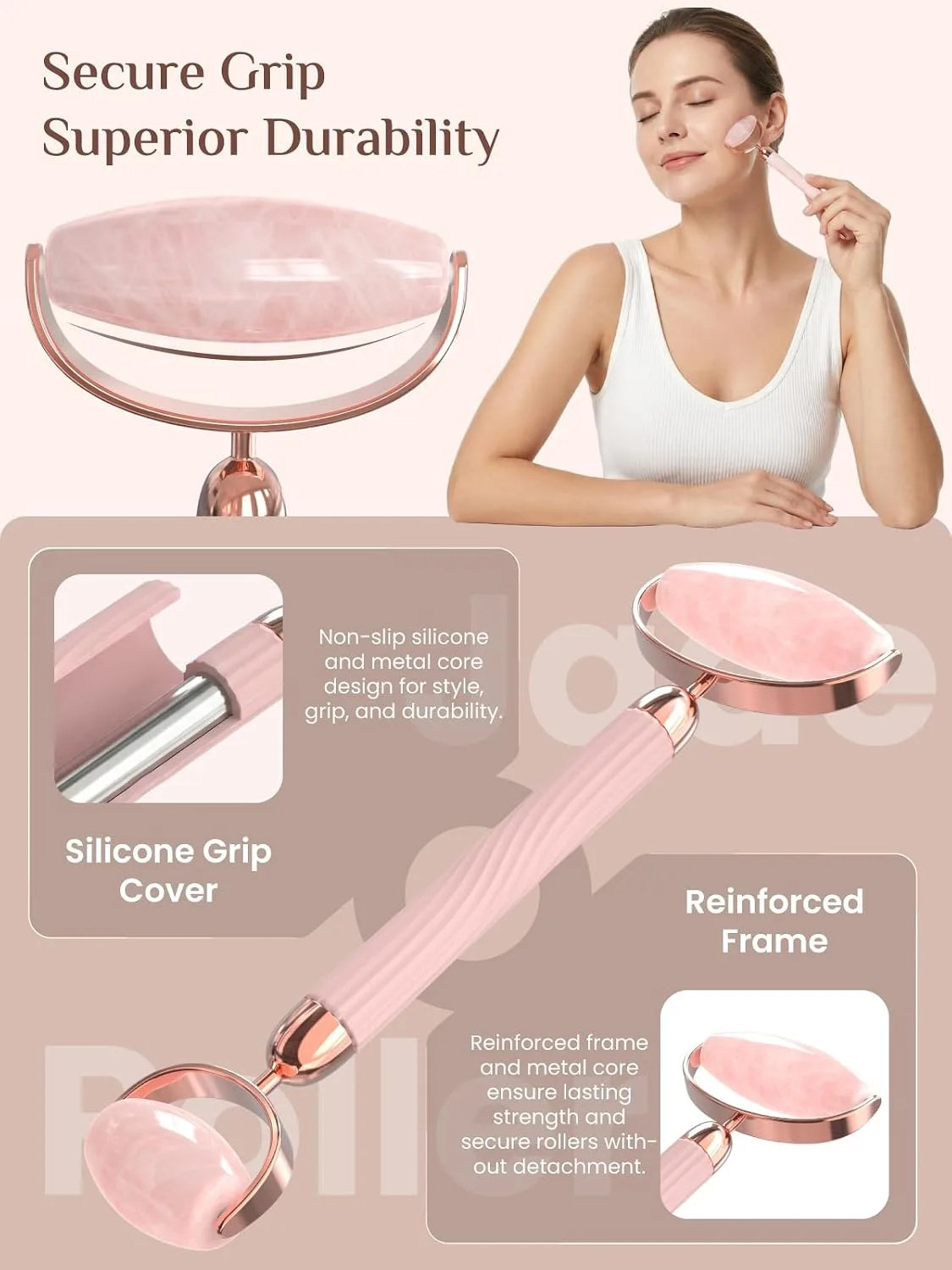 Rena Chris Gua Sha and Face Roller Set: Anti-Breakage Jade Roller for Long-Lasting Use, Jawline Sculpting and Puffiness Reducing, Gua Sha Facial Tools for Self Care Gift (Rose)