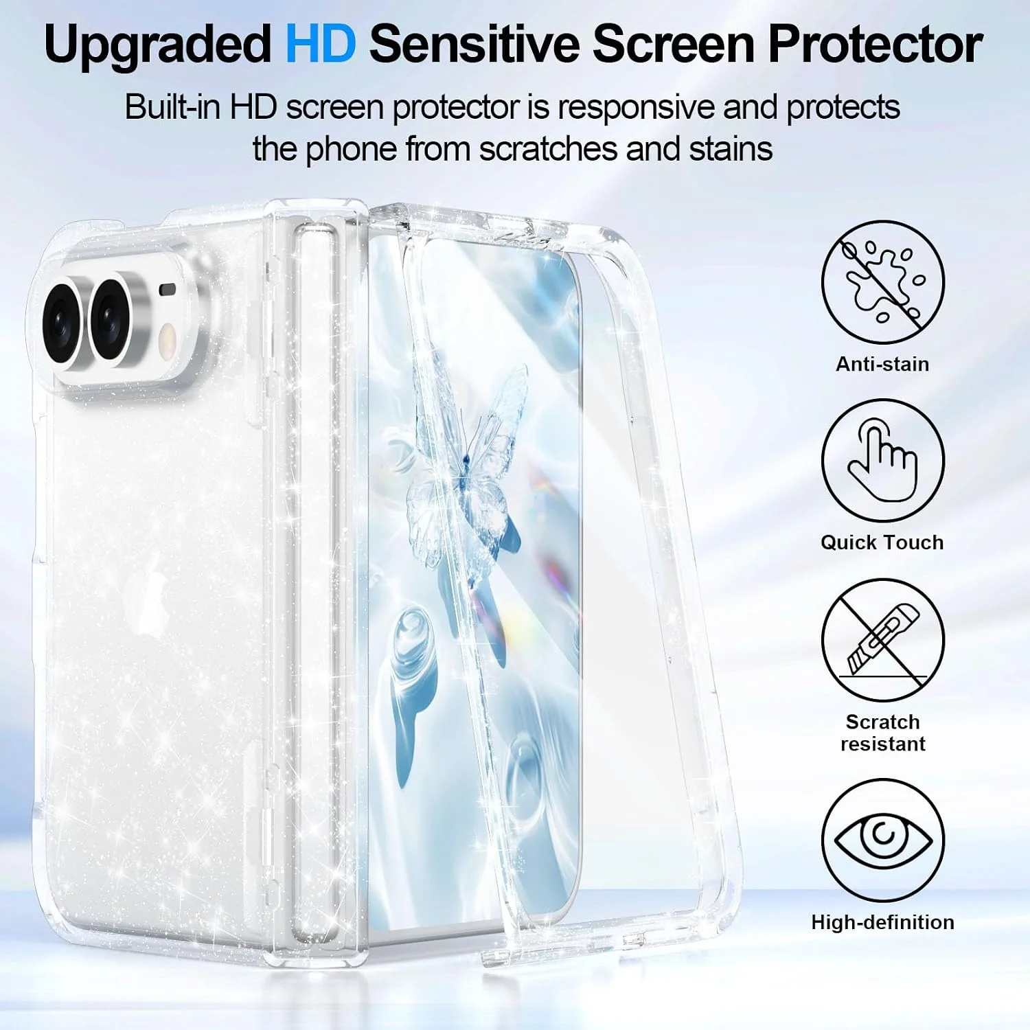 For iPhone Duo Case Clear Sparkle with Hinge Protection Clear Glitter
