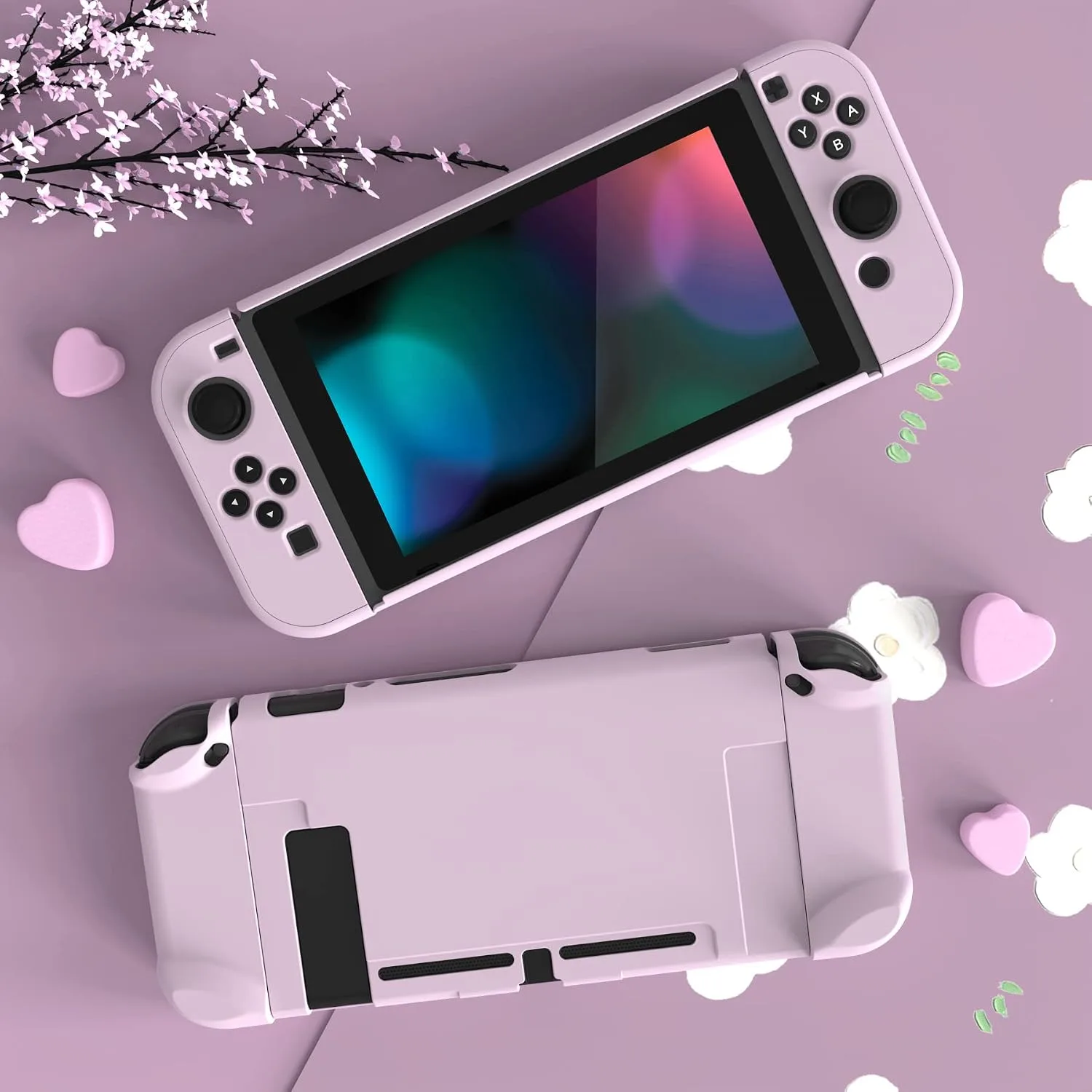 eXtremeRate PlayVital Back Cover for Nintendo Switch Console, NS Joycon Handheld Separable Protector Hard Shell, Dockable Protective Case for Nintendo Switch - Peach Blossom Pink (NOT for Switch 2)