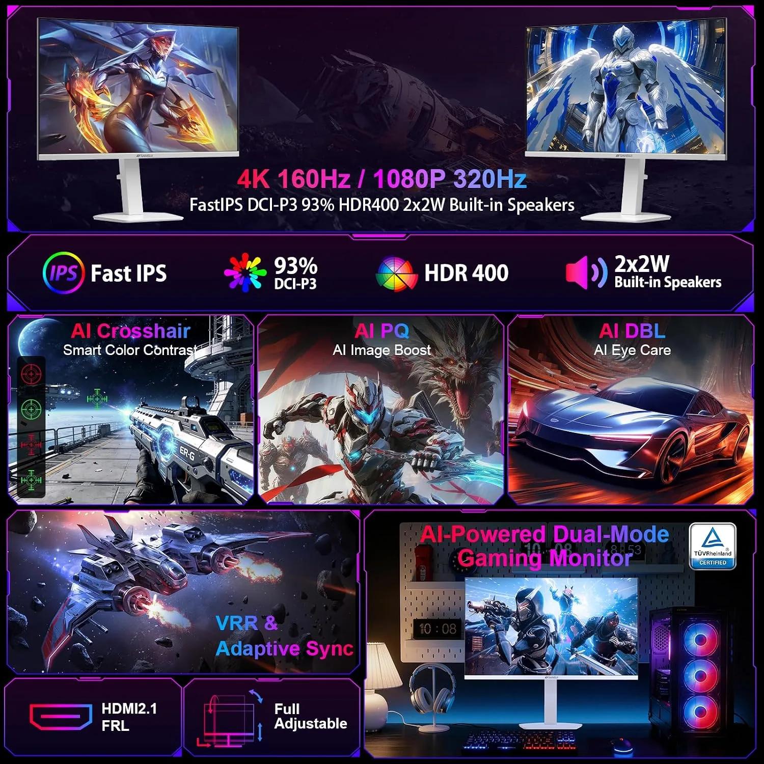 SANSUI 27" 4K Gaming Monitor, UHD 120/160Hz FHD 240/320Hz Dual Mode Monitor
