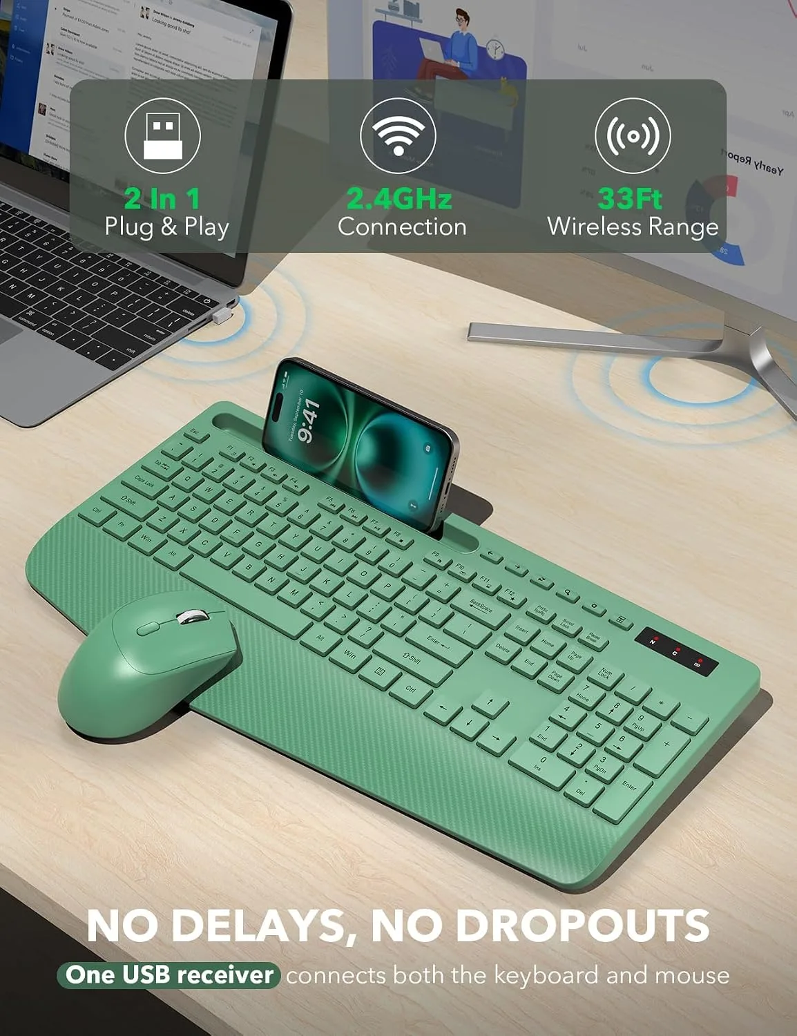 Wireless Keyboard and Mouse Combo - Full-Sized, Ergonomic Wrist Rest